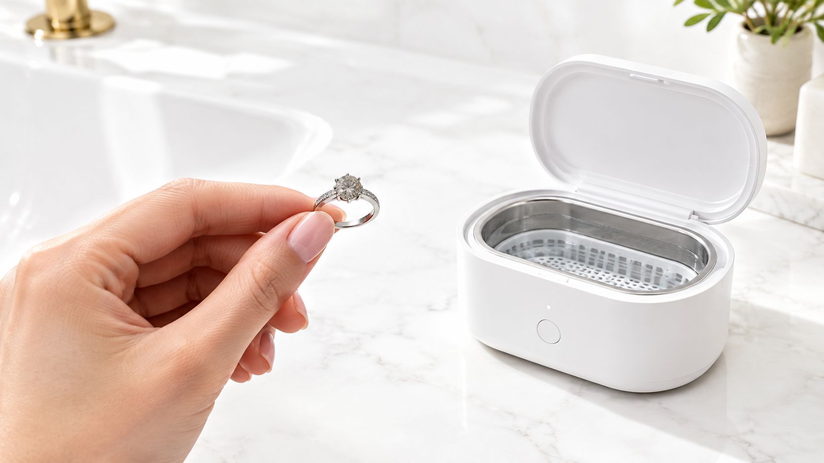 A person holding a diamond ring next to a small white ultrasonic portable jewelry cleaner machine.