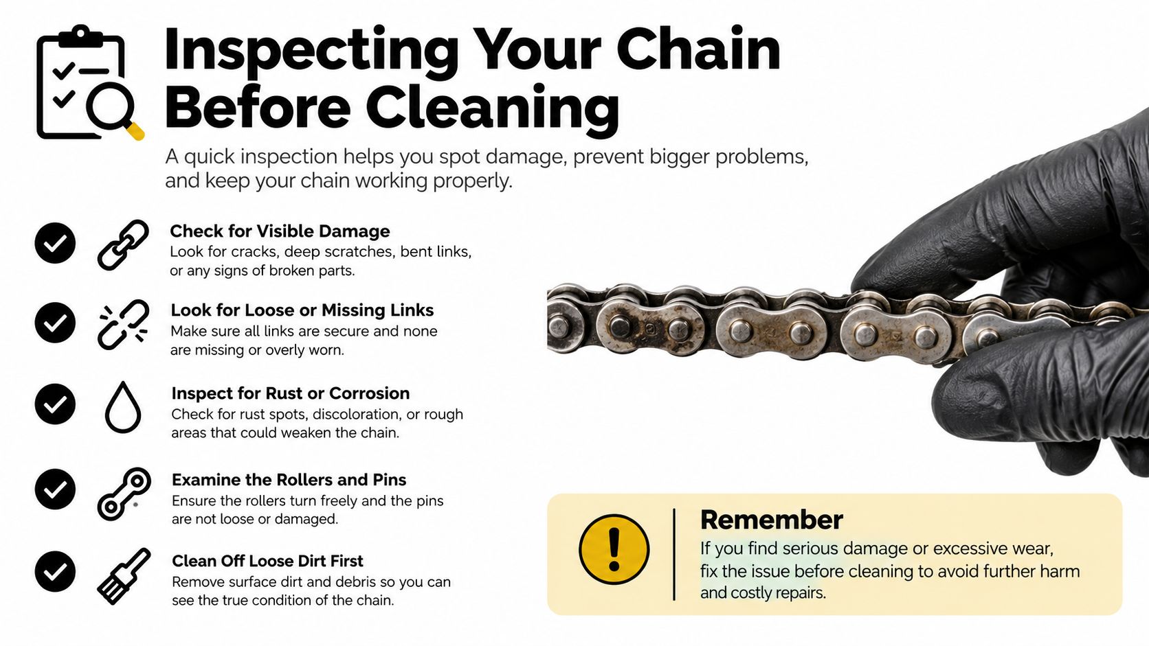 An infographic explaining five essential steps for inspecting a motorcycle chain for damage before cleaning it.
