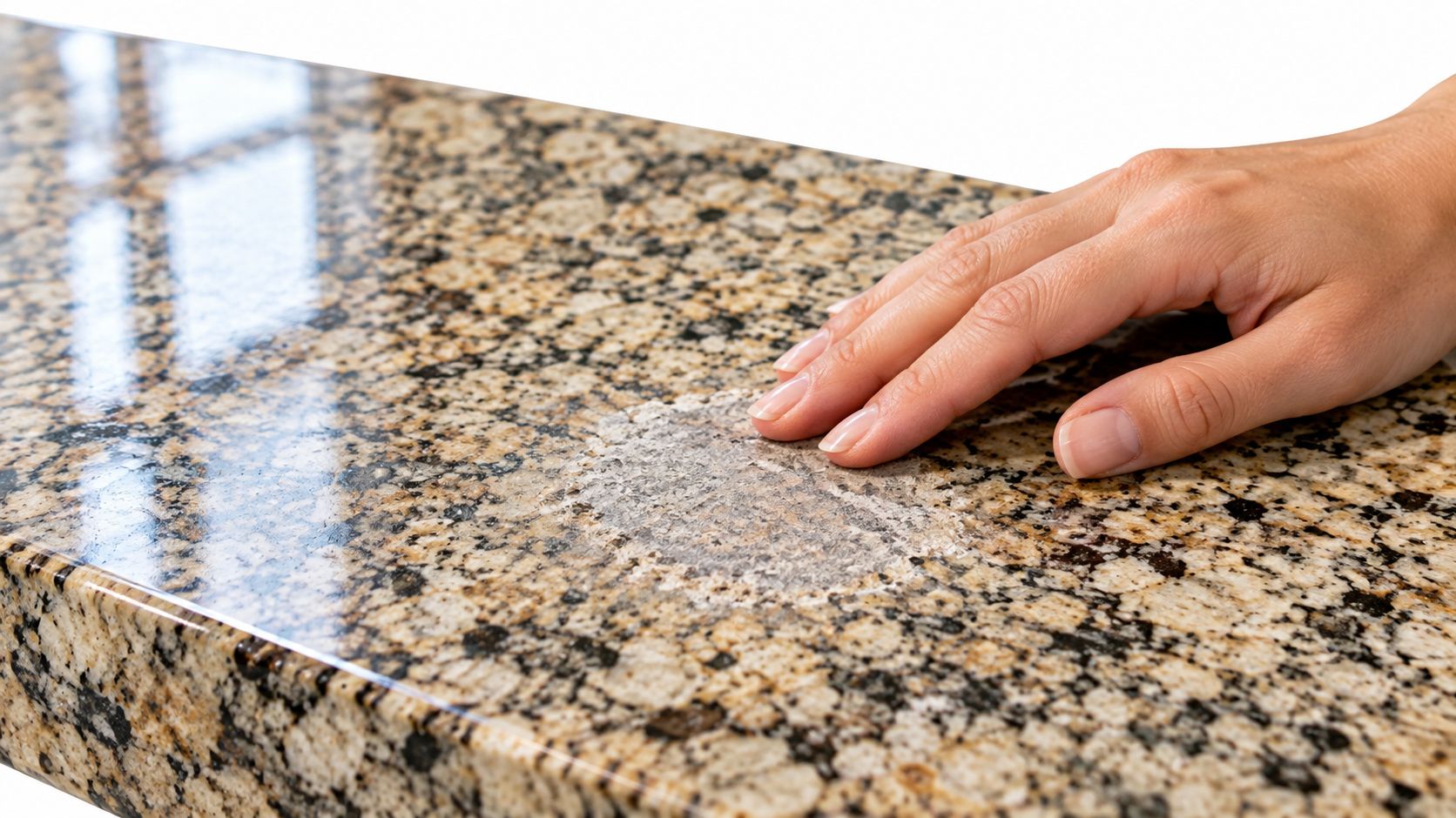 A person's hand touching a dull, etched watermark stain on a polished granite kitchen countertop surface.