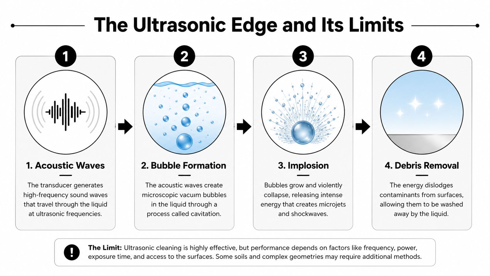 A four-step infographic illustrating the ultrasonic cleaning process from wave generation to debris removal.