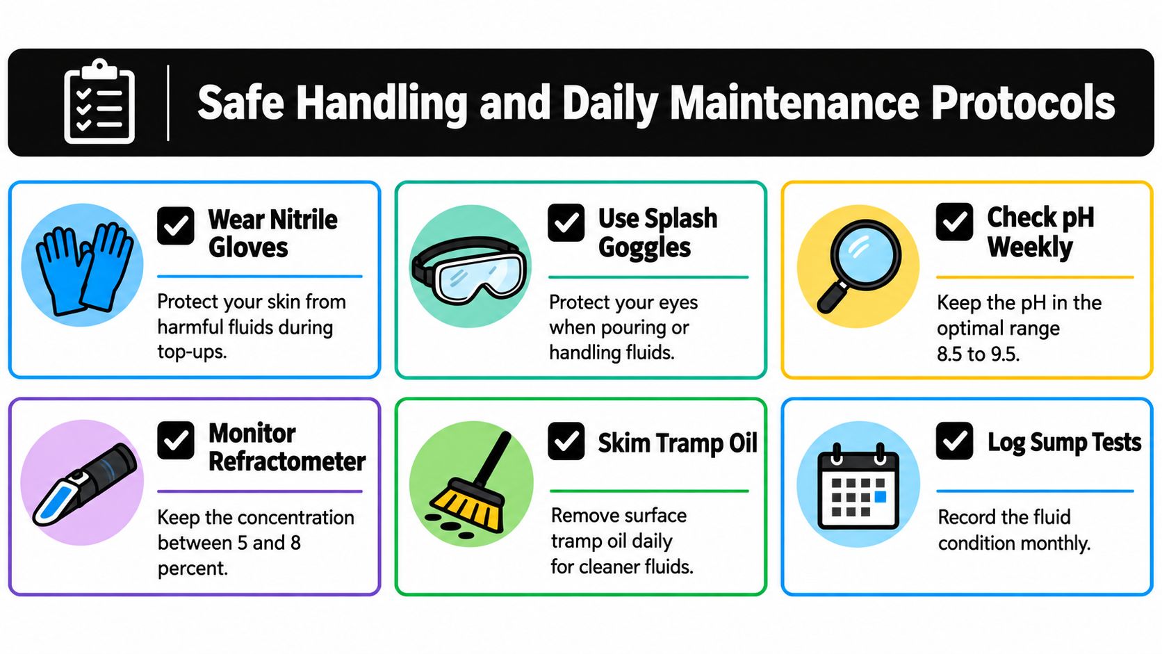 A safety infographic outlining proper procedures for handling cutting fluids, including personal protection and maintenance protocols.