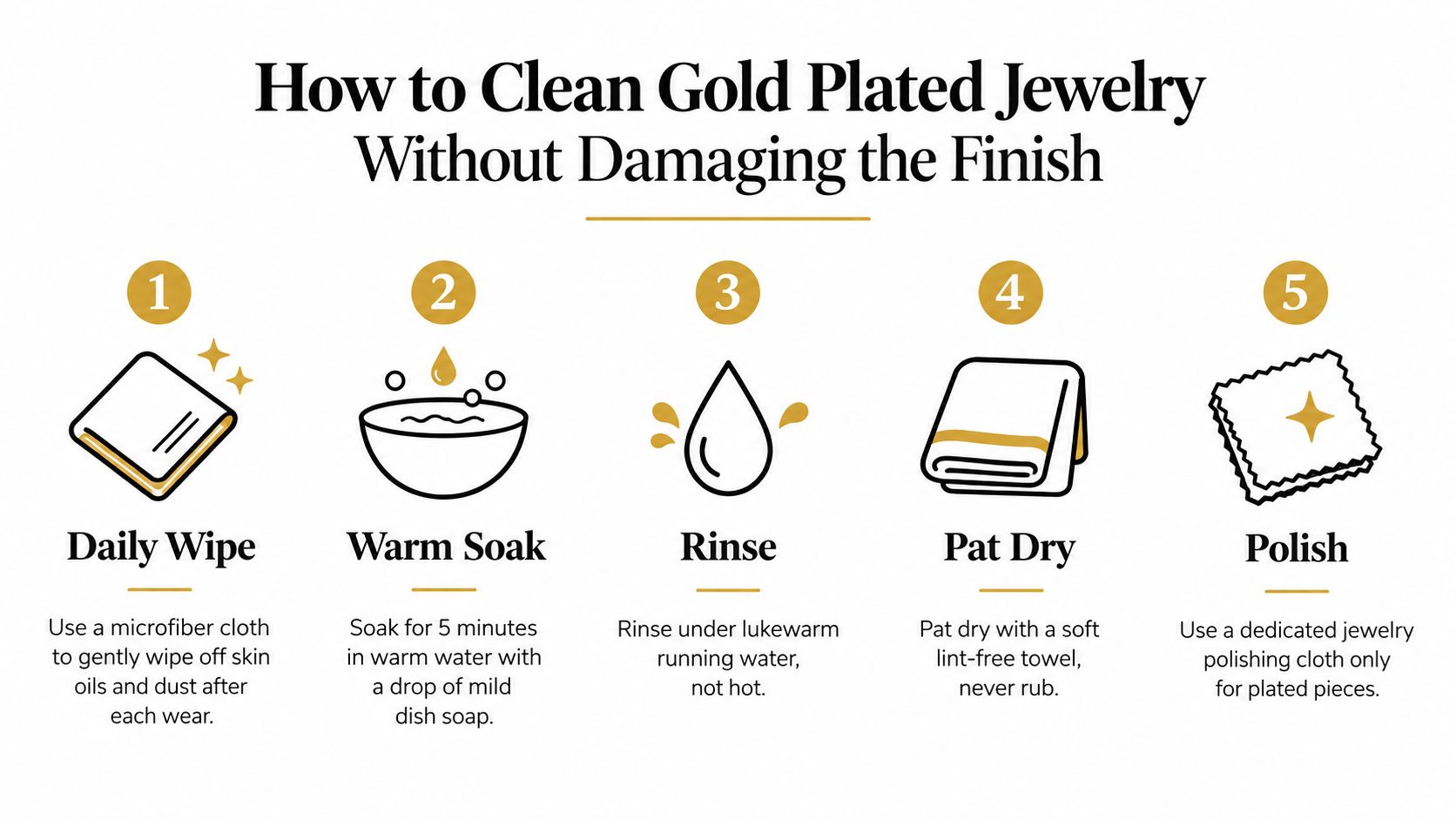 A step-by-step infographic showing five simple methods for cleaning and maintaining gold plated jewelry at home.