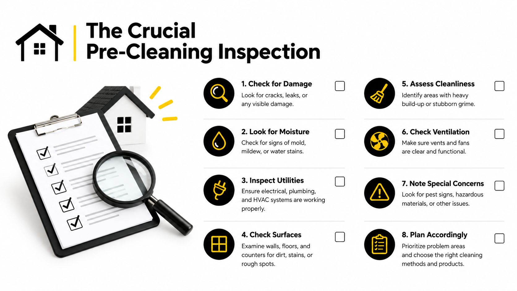 A checklist infographic titled The Crucial Pre-Cleaning Inspection detailing eight essential steps for home maintenance and cleaning preparation.