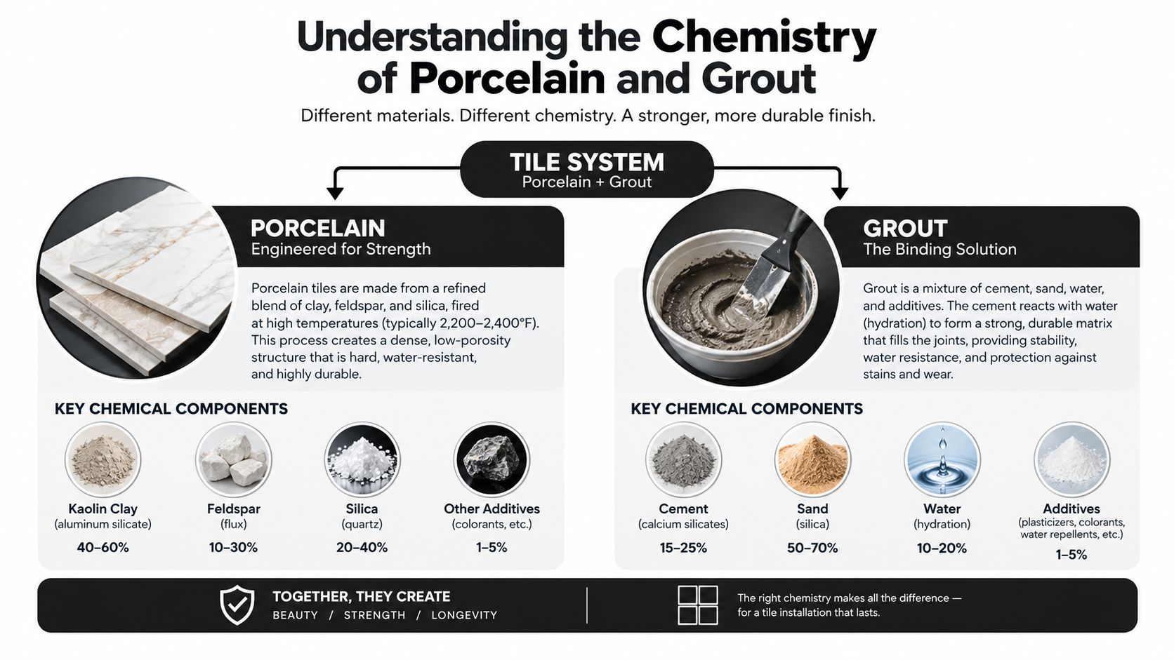 An infographic detailing the chemical composition of porcelain tiles and grout used in construction.