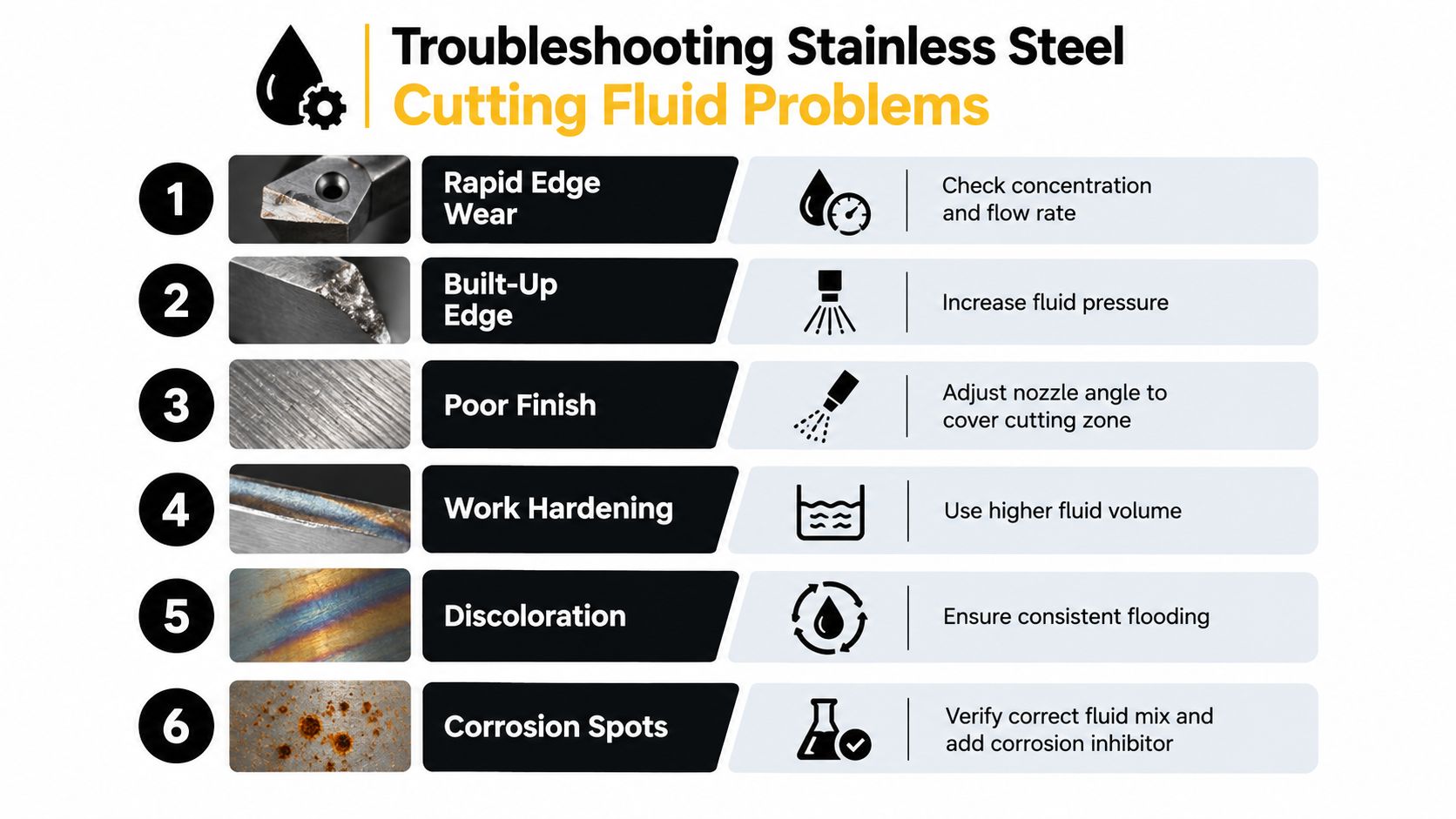 A troubleshooting guide infographic for cutting fluid problems when machining stainless steel components in a workshop.