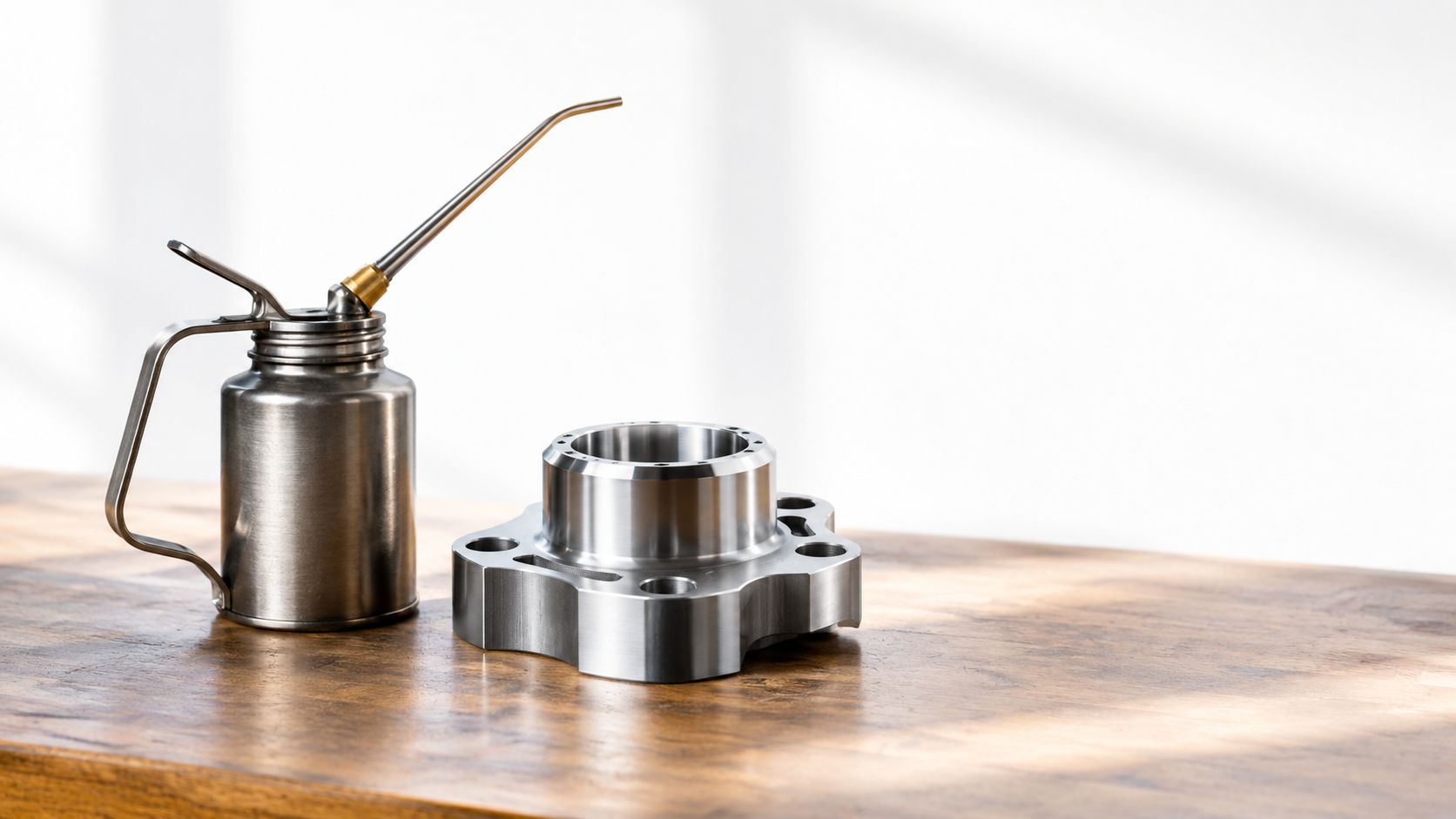 A metal oil can placed next to a precision machined steel mechanical component on a wooden surface.
