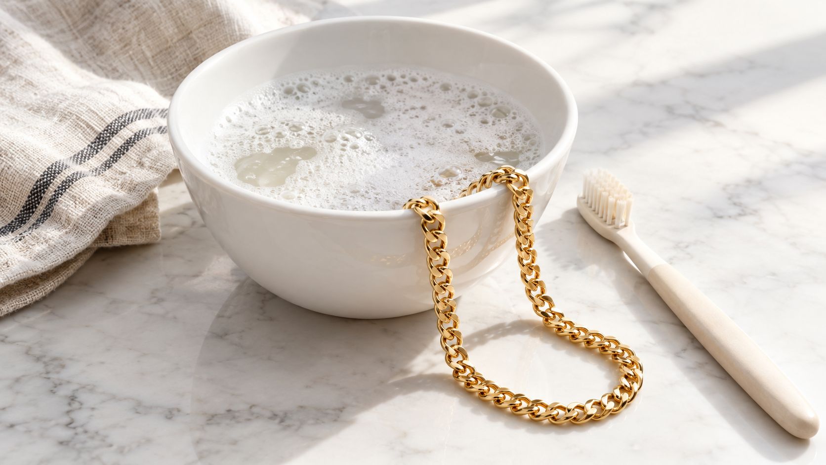 A gold chain draped over a white bowl filled with soapy water next to a toothbrush.