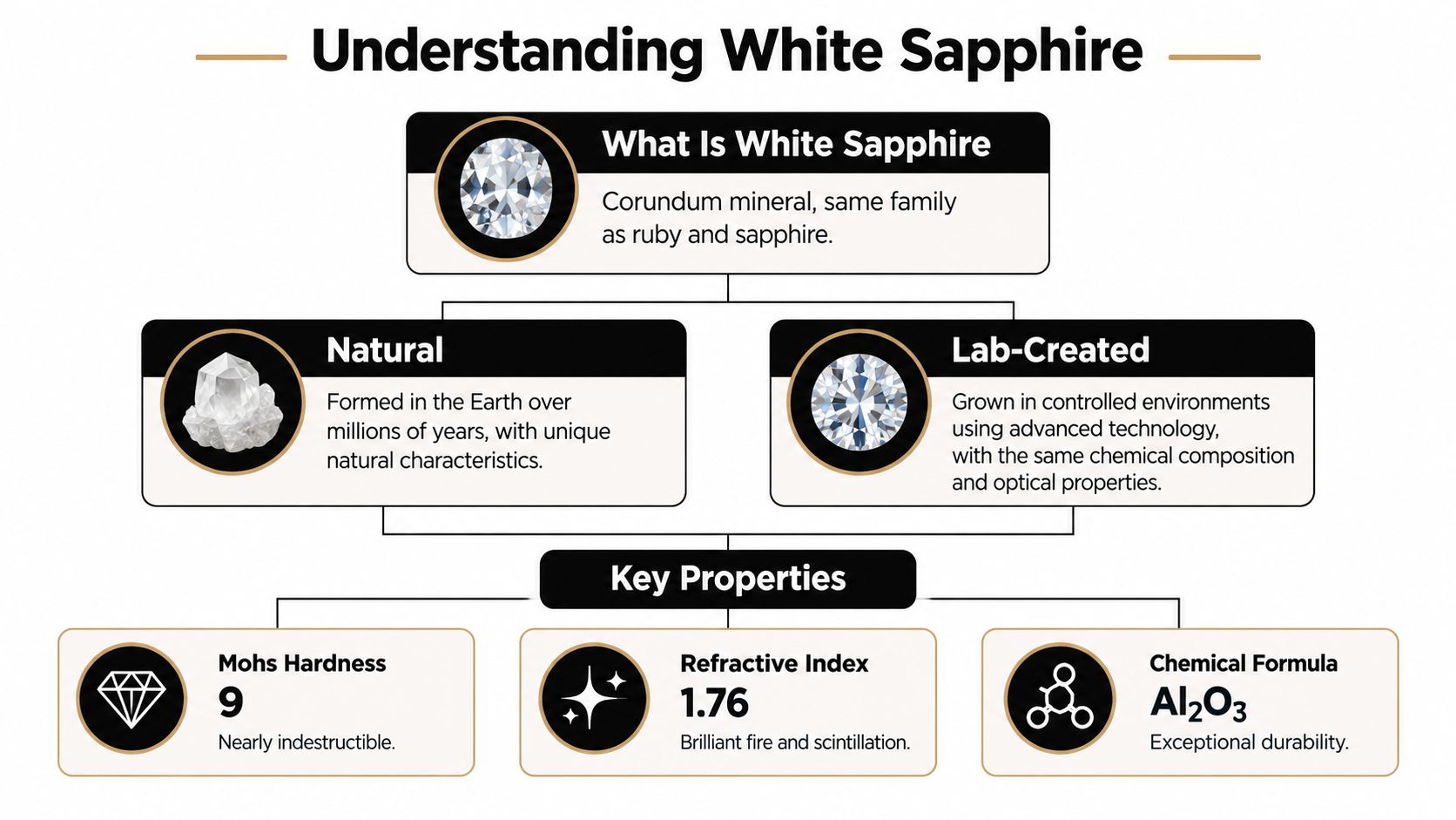 An infographic titled Understanding White Sapphire explaining its composition, natural and lab-created origins, and its physical properties.