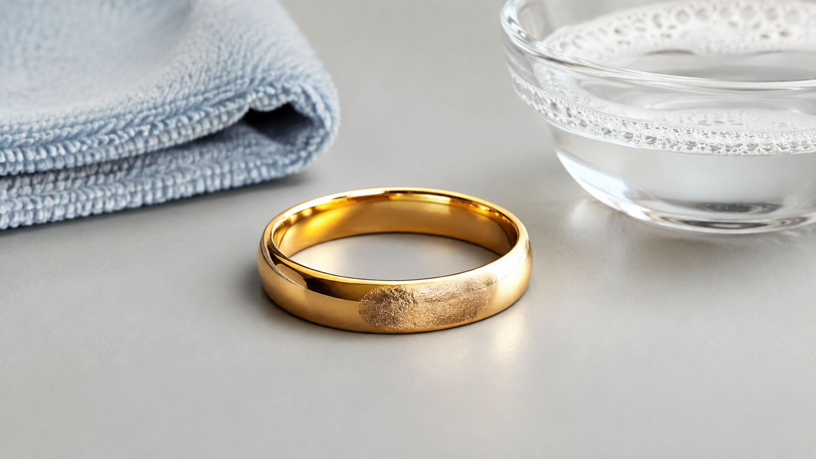 A gold-plated ring with a visible fingerprint rests beside a cleaning cloth and a bowl of water.