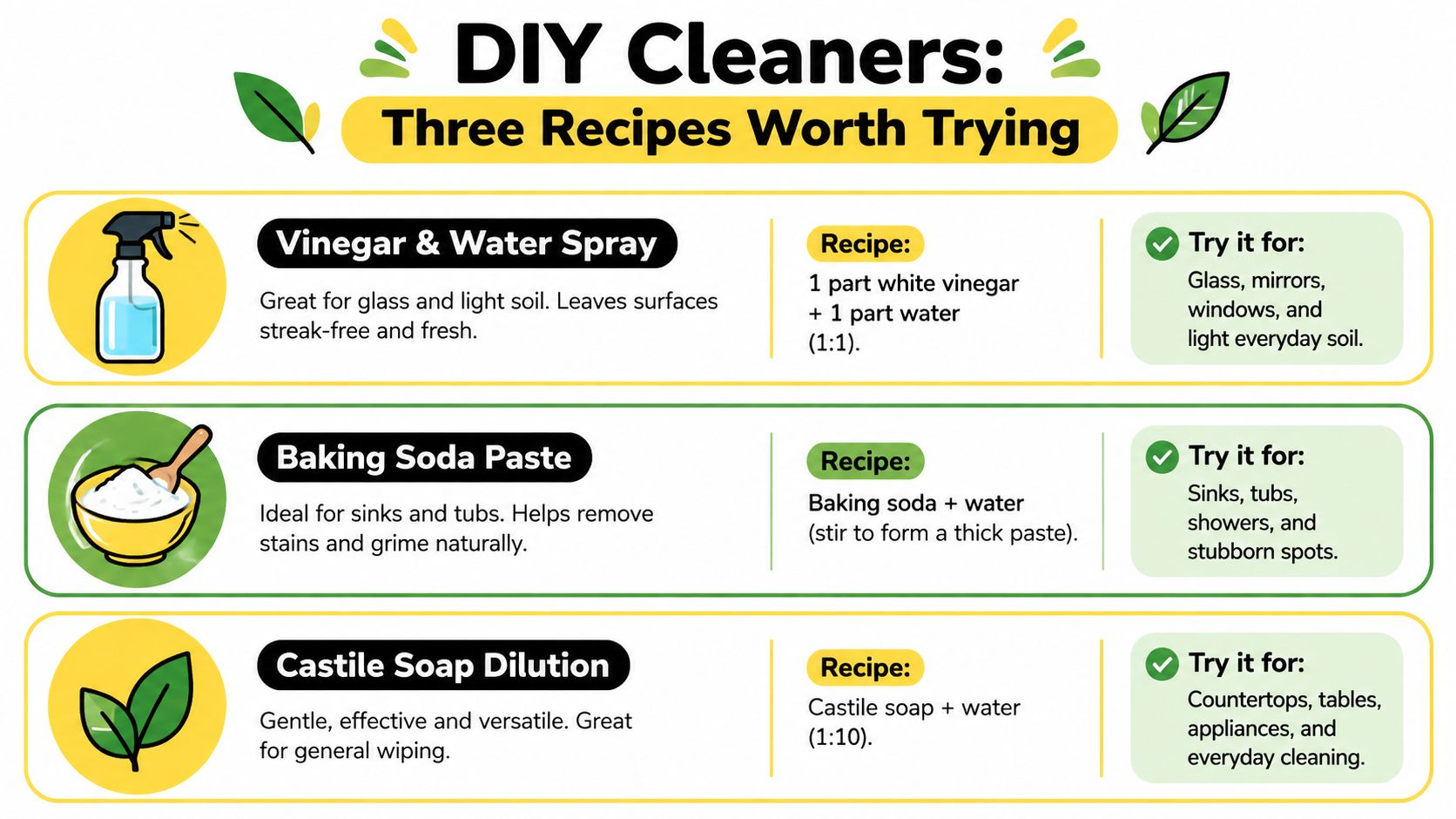 An infographic showing three easy DIY homemade cleaning recipes using vinegar, baking soda, and castile soap.