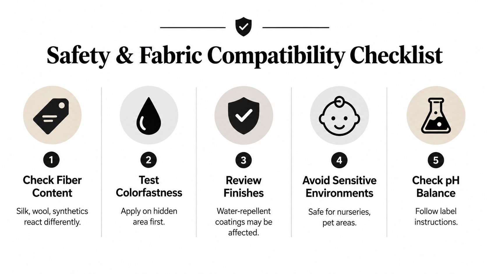 A safety and fabric compatibility checklist infographic featuring five steps for testing fabric care products safely.