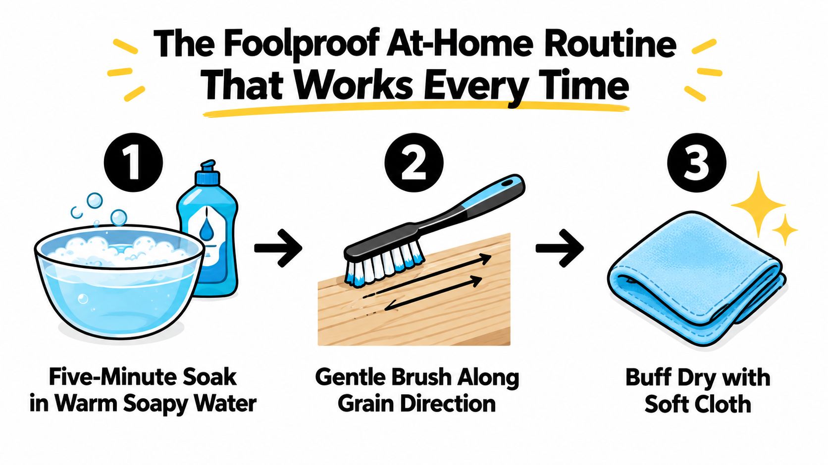 A three-step infographic showing how to clean jewelry by soaking, brushing, and drying with a soft cloth.
