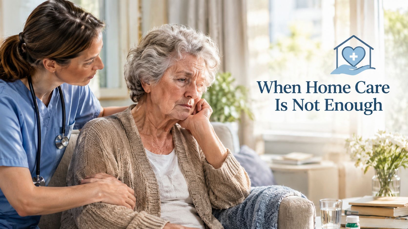A compassionate nurse comforting an elderly woman sitting in a chair at home, showing signs of distress.