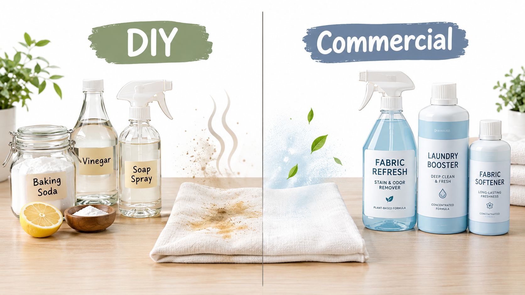 A split image comparing DIY household cleaning ingredients and commercial fabric odor eliminator products on a table.
