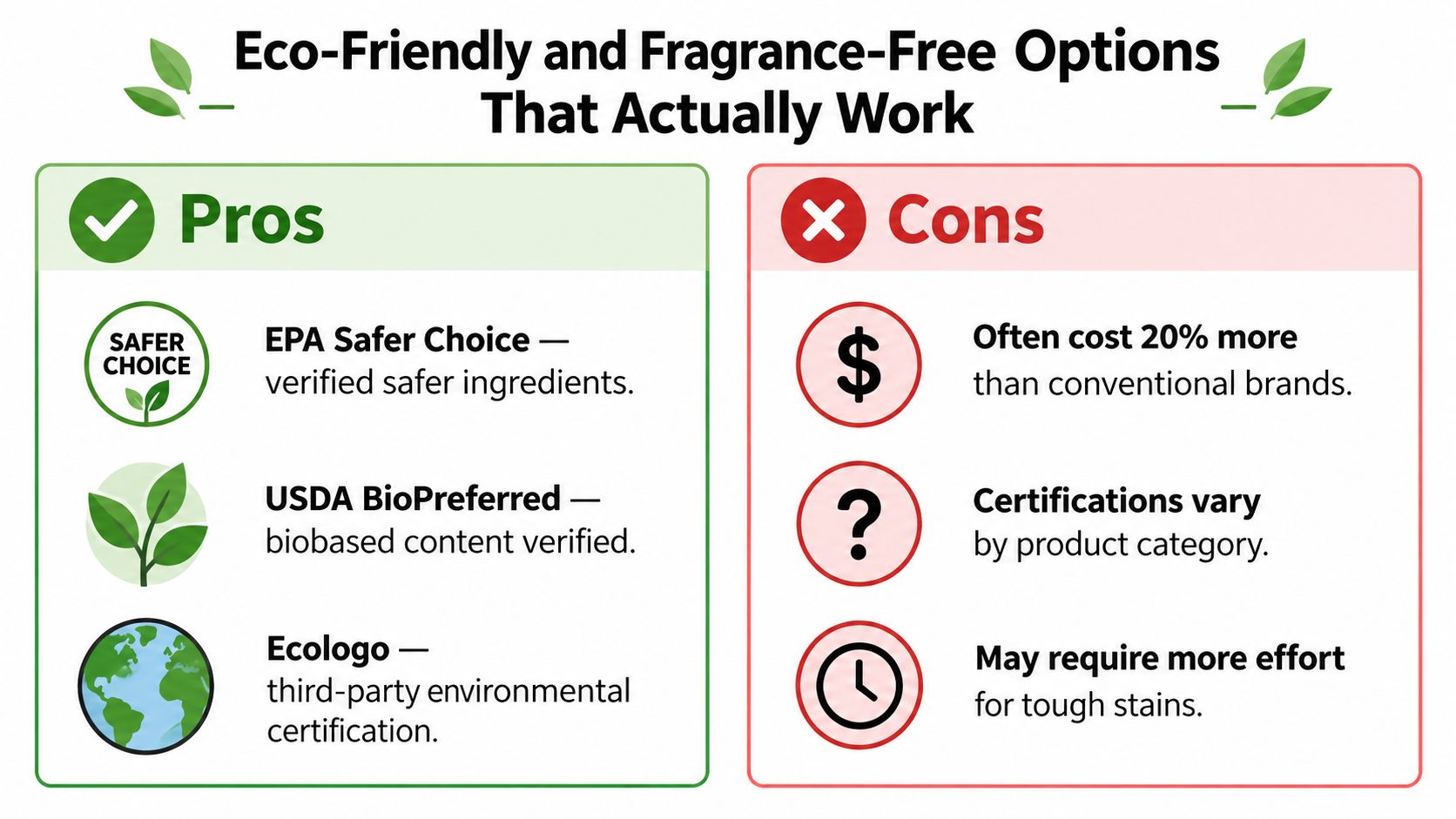 A comparison chart showing pros and cons of using eco-friendly and fragrance-free household cleaning products.