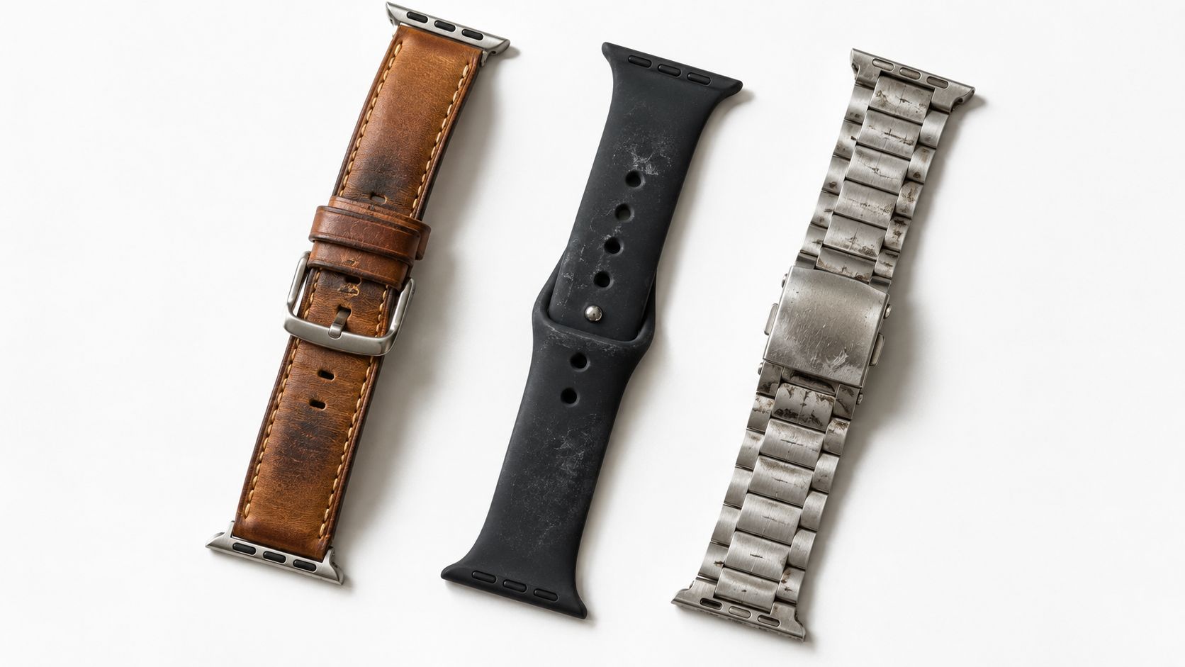 A collection of three different Apple Watch bands, including leather, silicone, and stainless steel link bracelet styles.