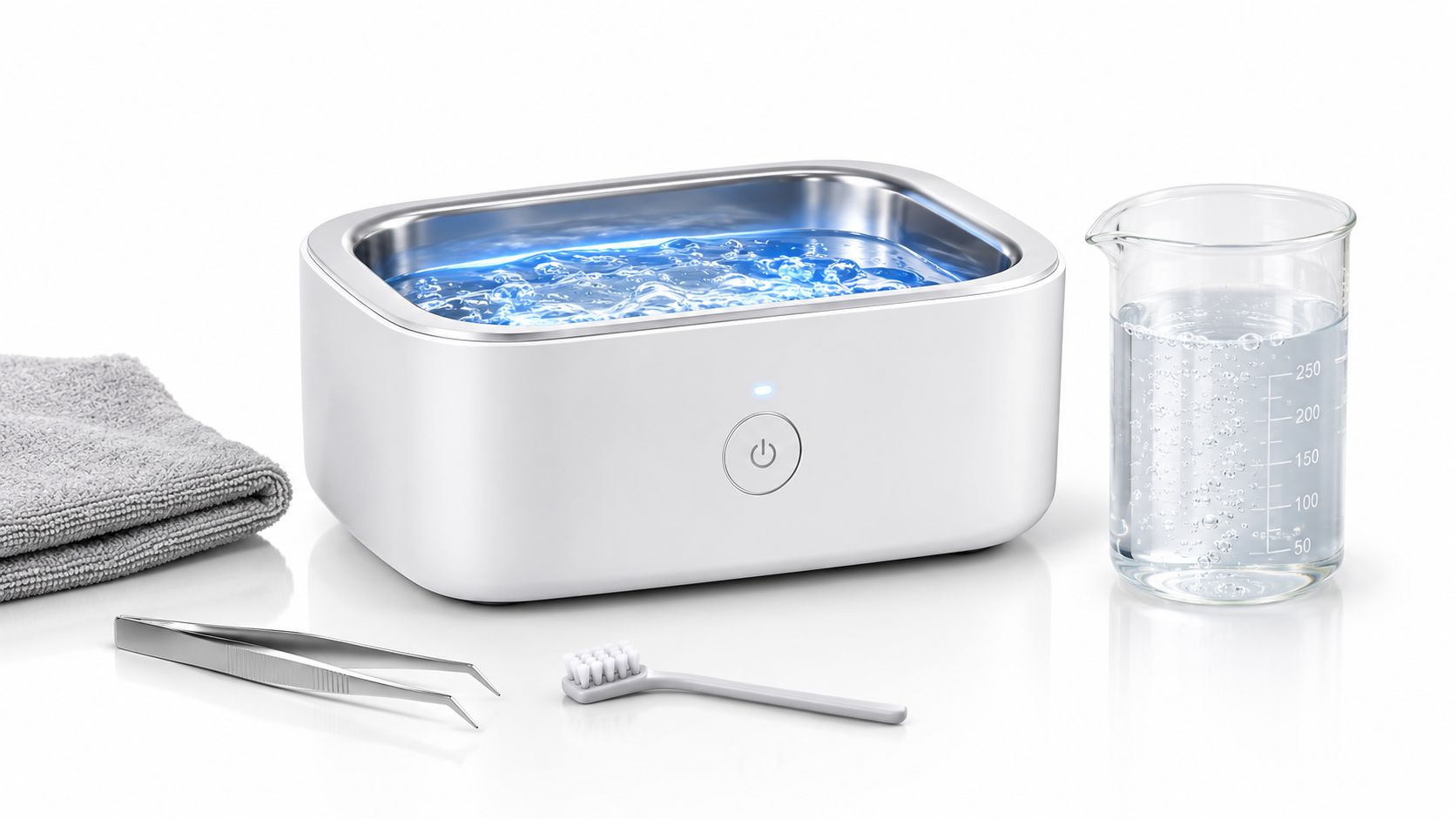 A modern ultrasonic cleaner device on a white background with a towel, tweezers, brush, and water beaker.