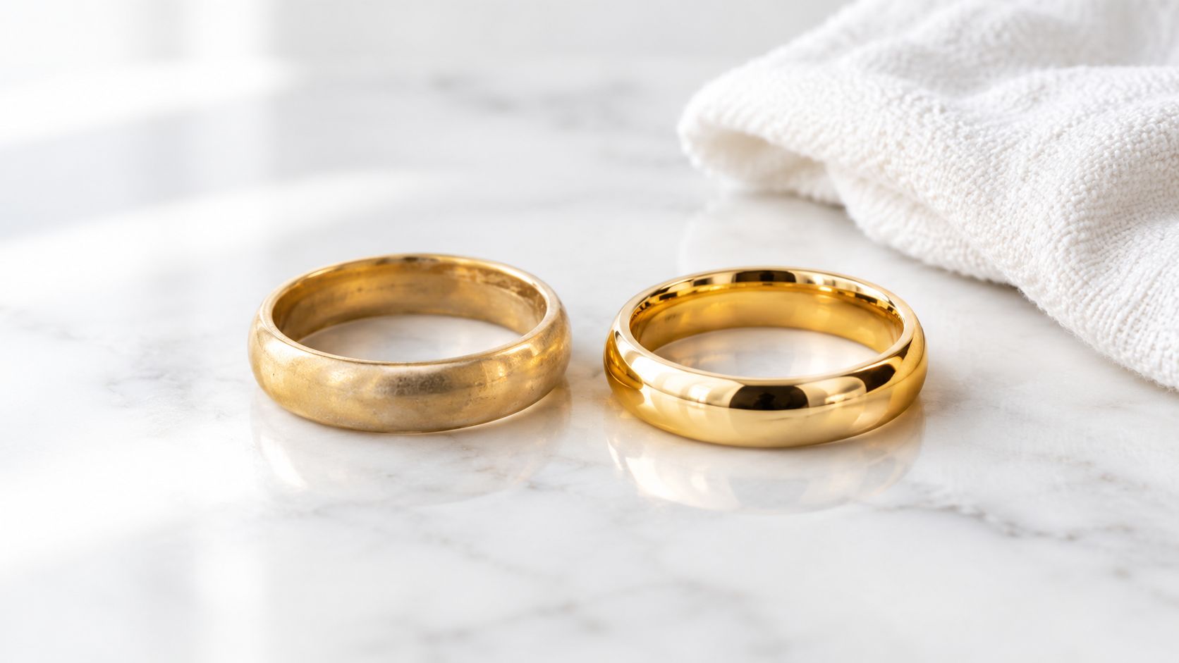 A dull tarnished gold ring alongside a polished shiny gold ring on a clean marble surface