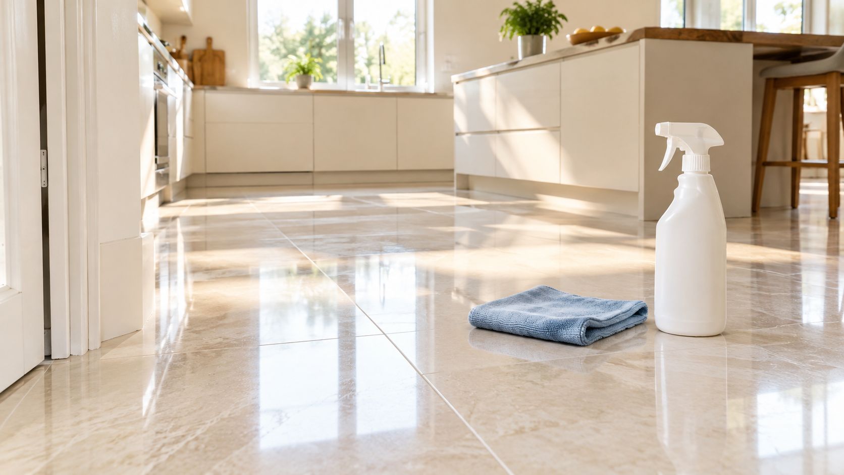 A spray bottle and a cleaning cloth sitting on a polished porcelain tile floor in a modern kitchen.