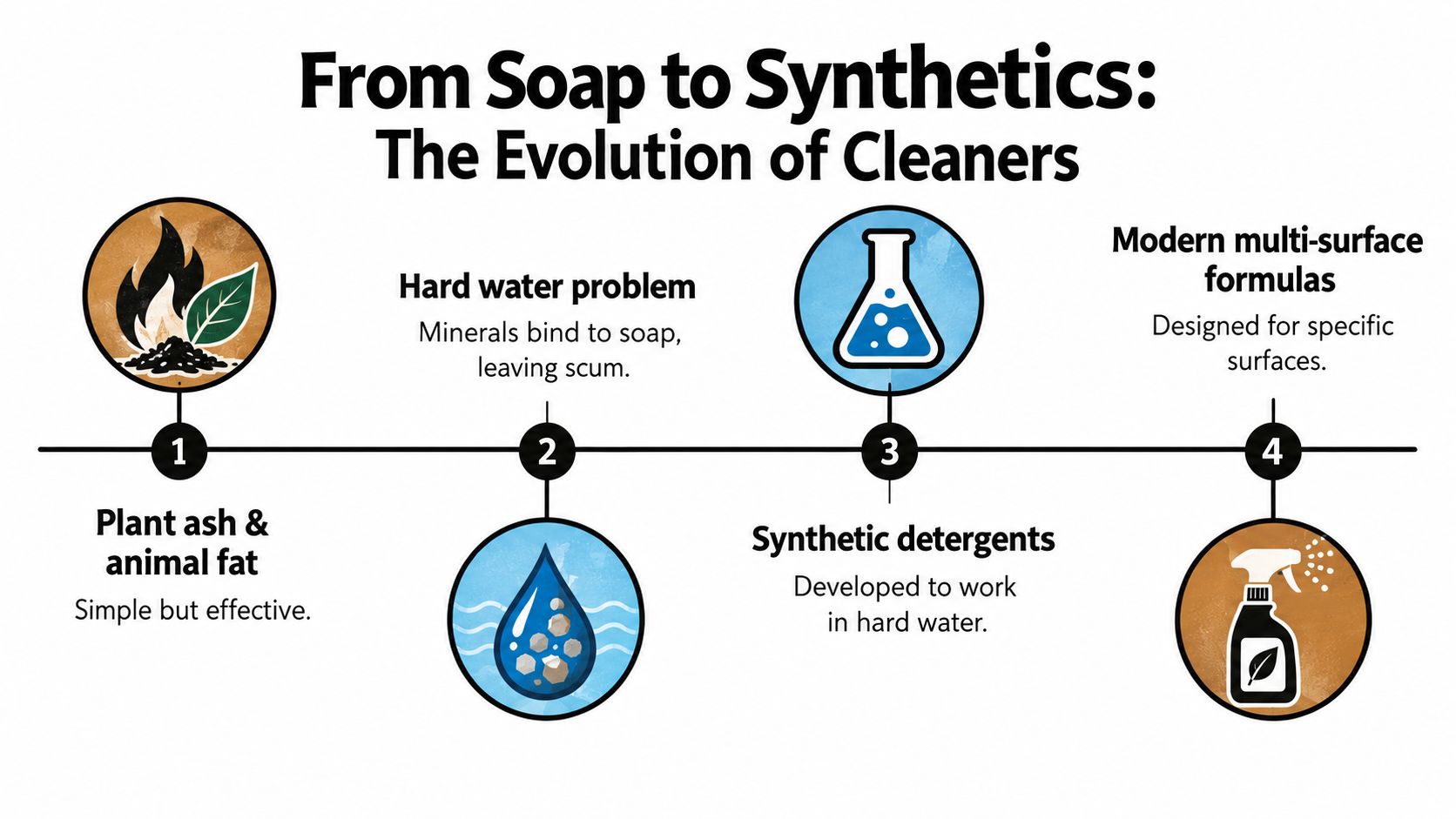 A timeline illustration titled From Soap to Synthetics showing the evolution of cleaning products over time.