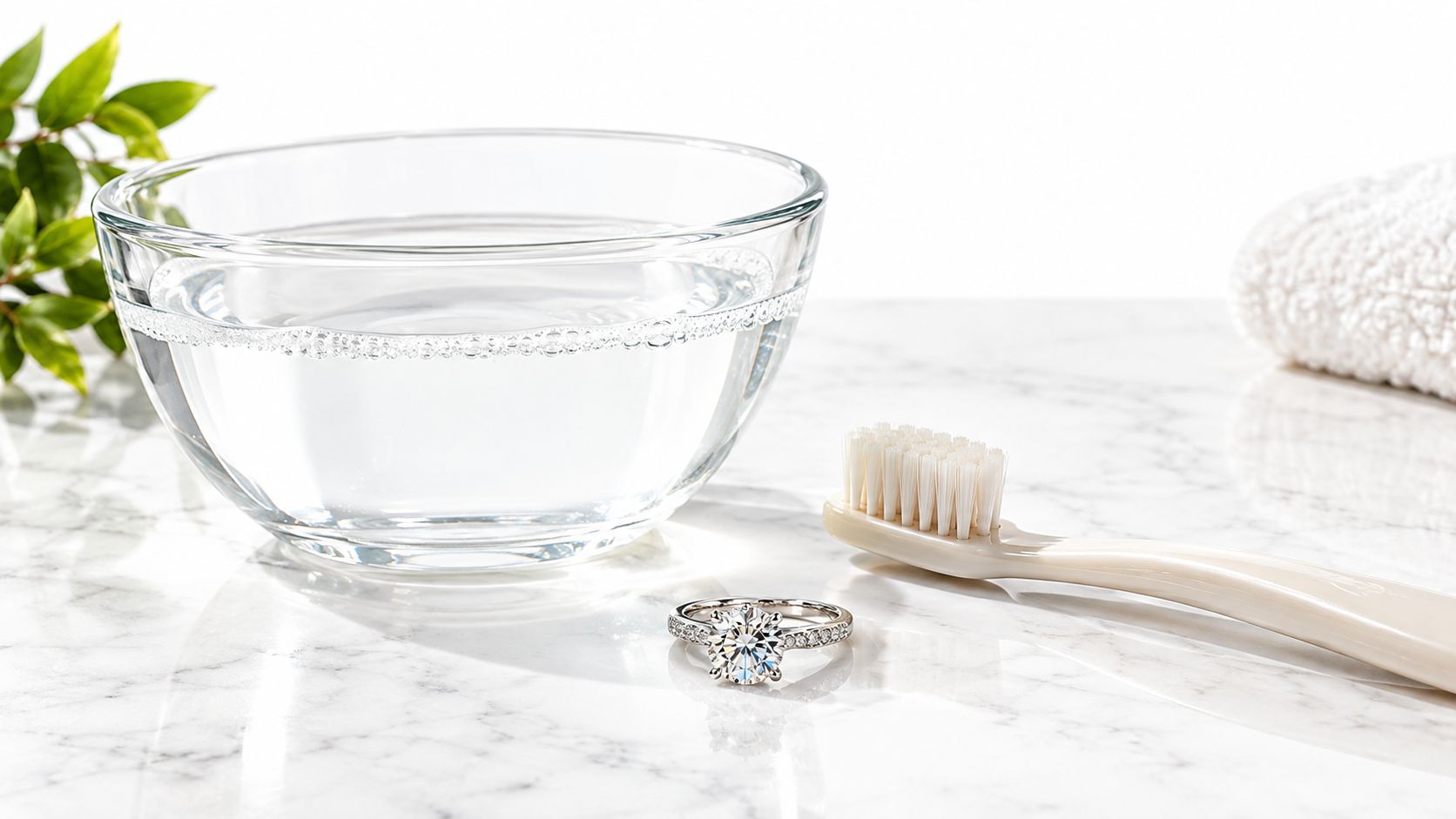 A silver diamond ring resting on a marble surface next to a glass bowl of water and toothbrush.