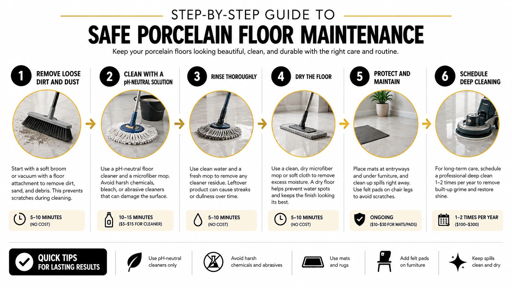 A six-step infographic guide on properly maintaining and cleaning porcelain tile floors for long-lasting results.