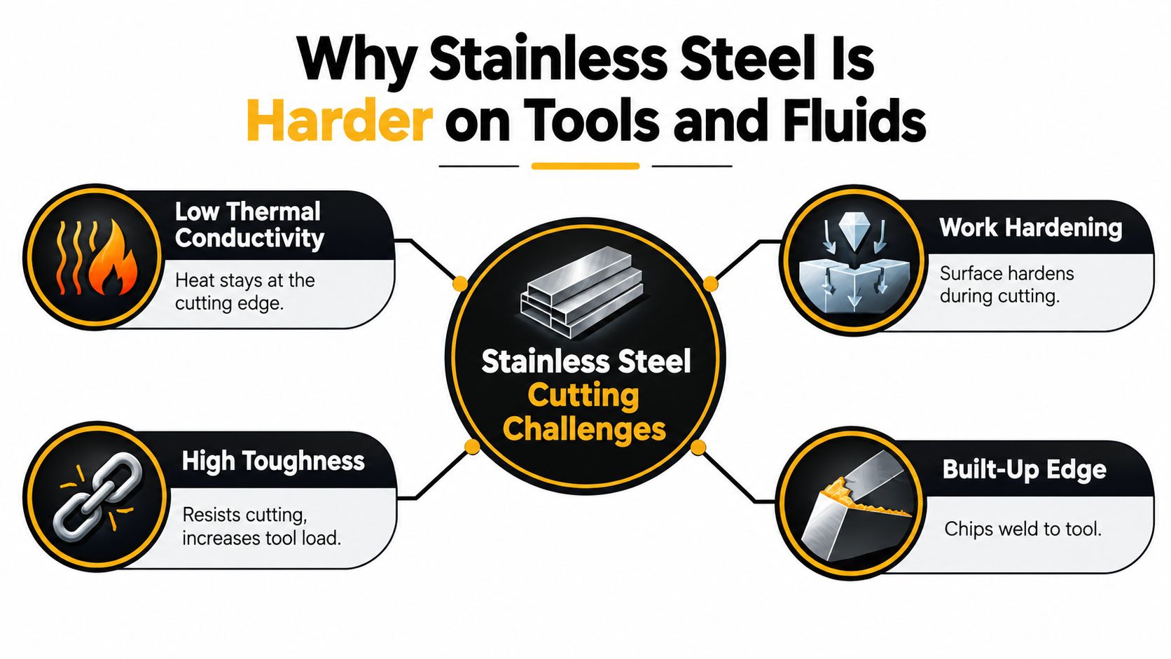 An infographic titled Why Stainless Steel Is Harder on Tools and Fluids, listing four primary cutting challenges.