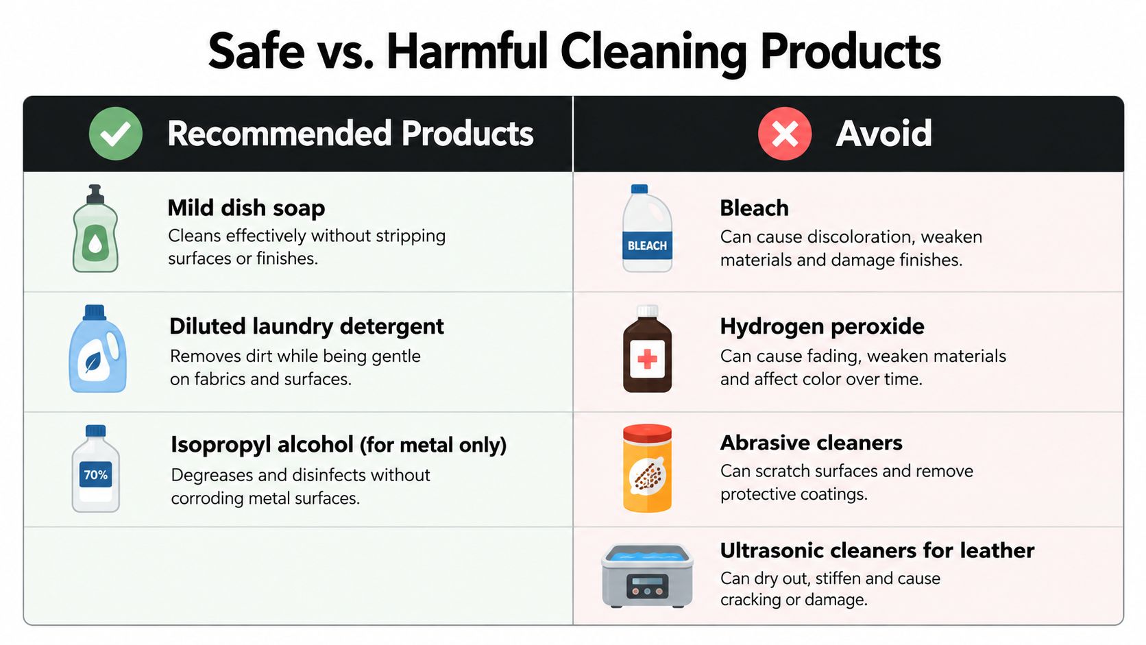 A table comparing recommended and harmful cleaning products for maintaining leather and watch band materials.
