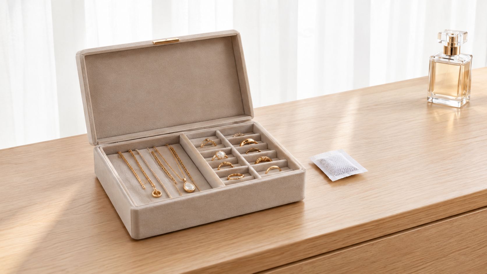 A beige velvet jewelry organizer box filled with gold necklaces and rings on a wooden table.