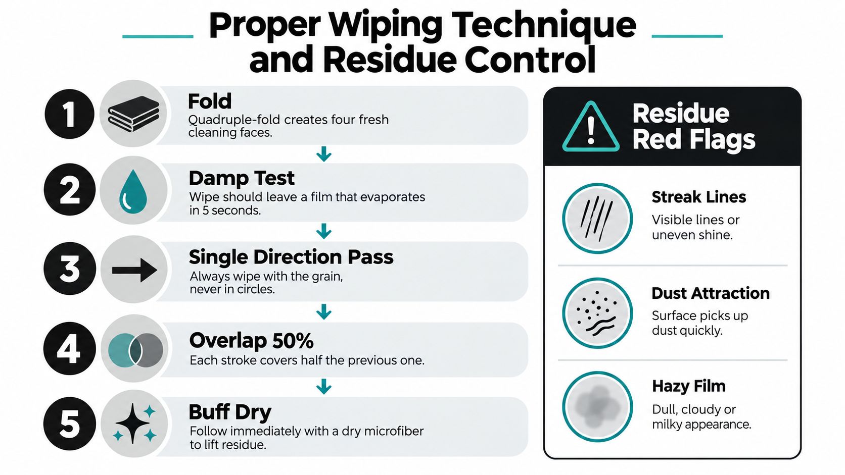 An infographic detailing five steps for proper wiping technique and identifying common cleaning residue problems.