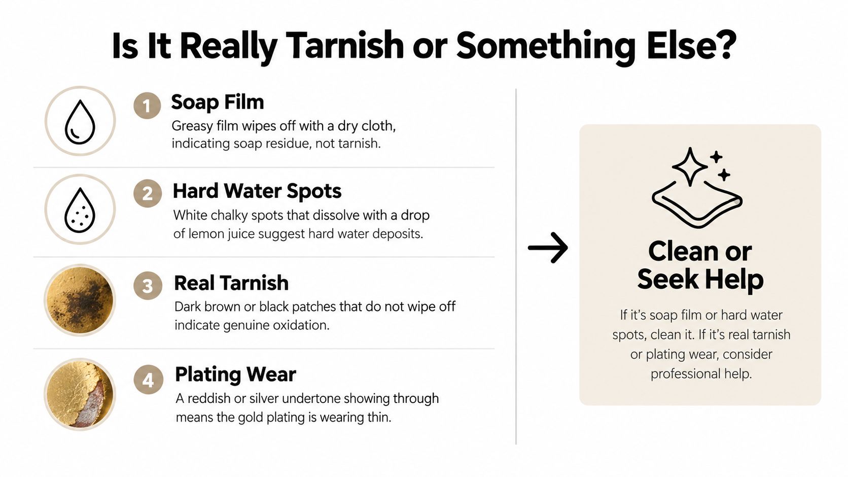 An infographic titled Is It Really Tarnish or Something Else listing four causes of jewelry surface discoloration.