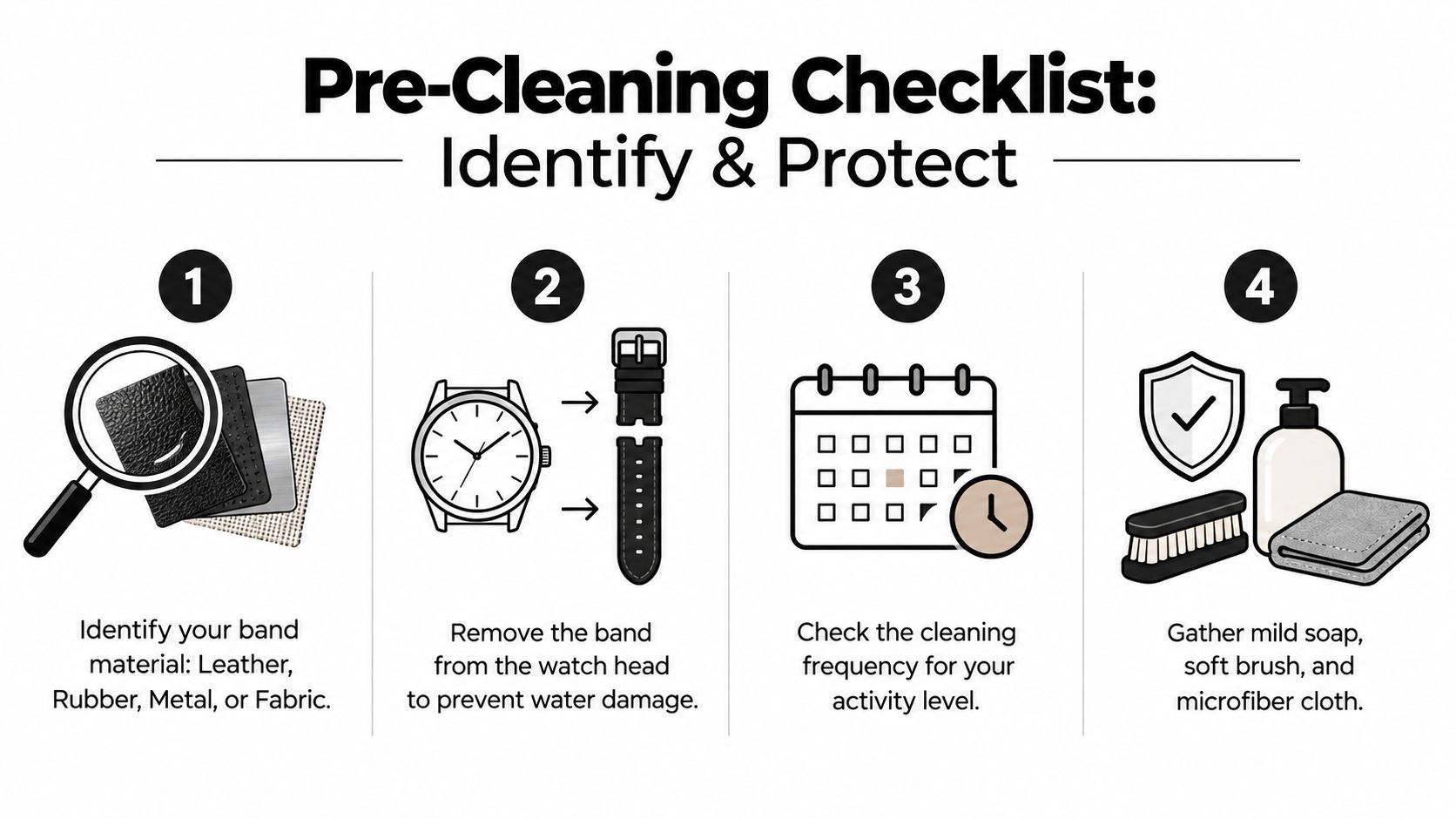 A four-step pre-cleaning checklist for maintaining and cleaning various types of watch bands, presented with simple icons.
