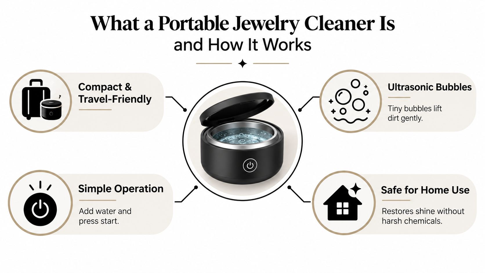 A diagram explaining the benefits and functionality of a portable jewelry cleaner for home and travel.