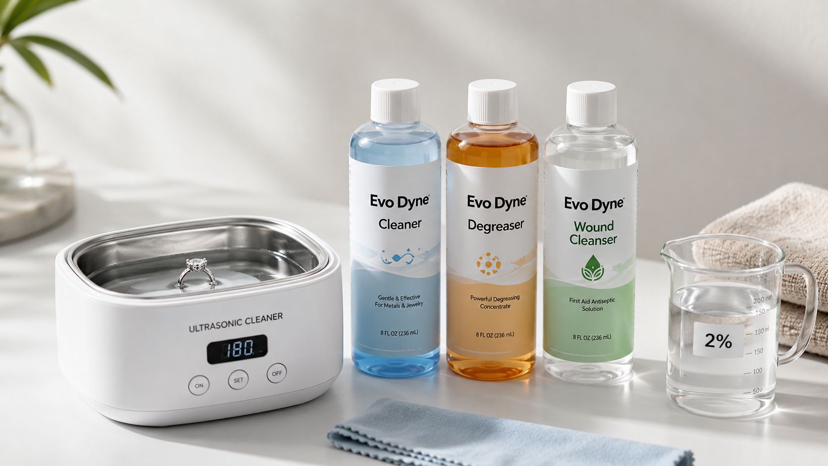 An ultrasonic cleaner with a ring, three bottles of Evo Dyne solutions, and a measuring beaker on a table.