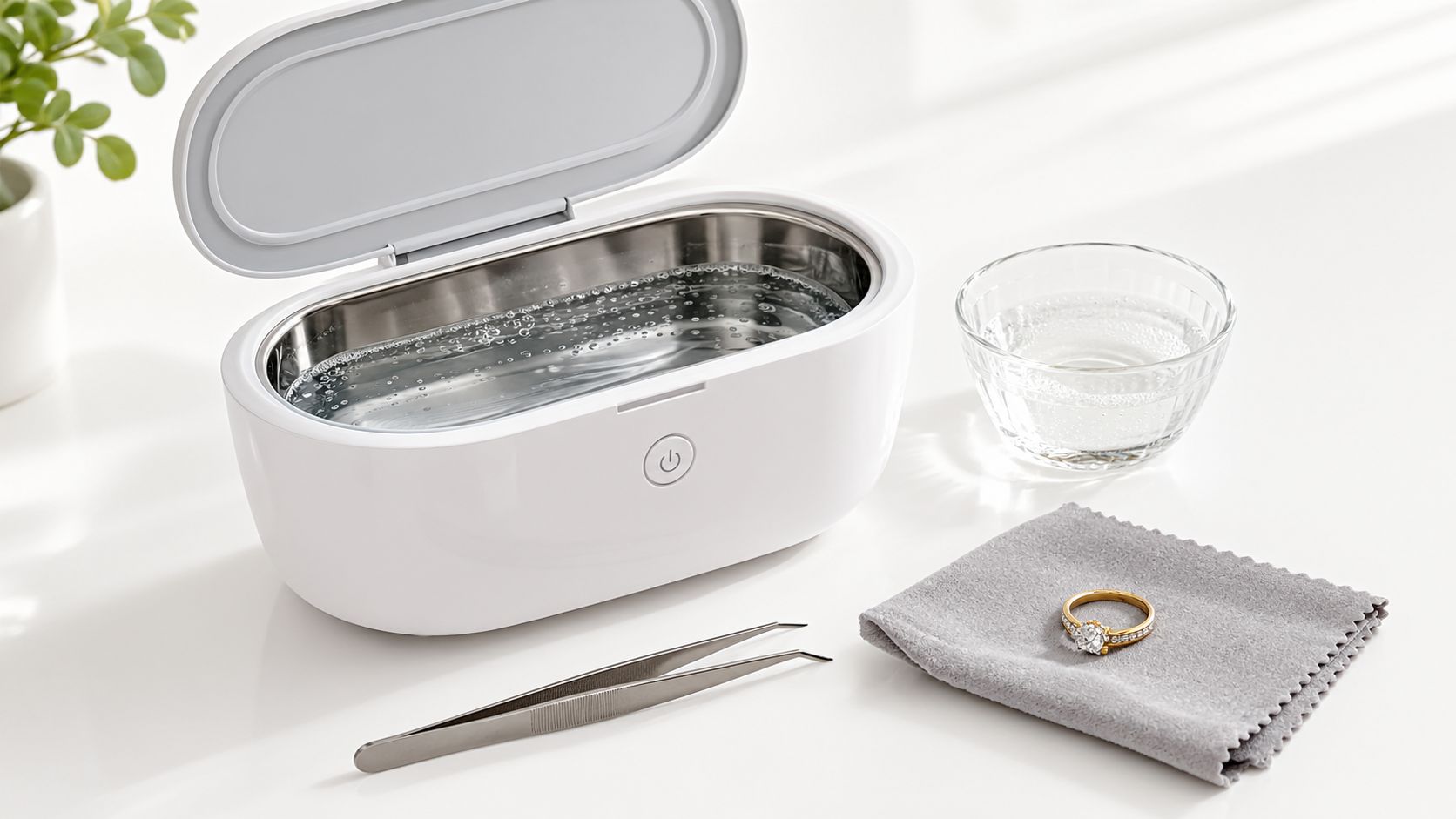An ultrasonic jewelry cleaner filled with water sitting on a table next to a ring and tweezers.
