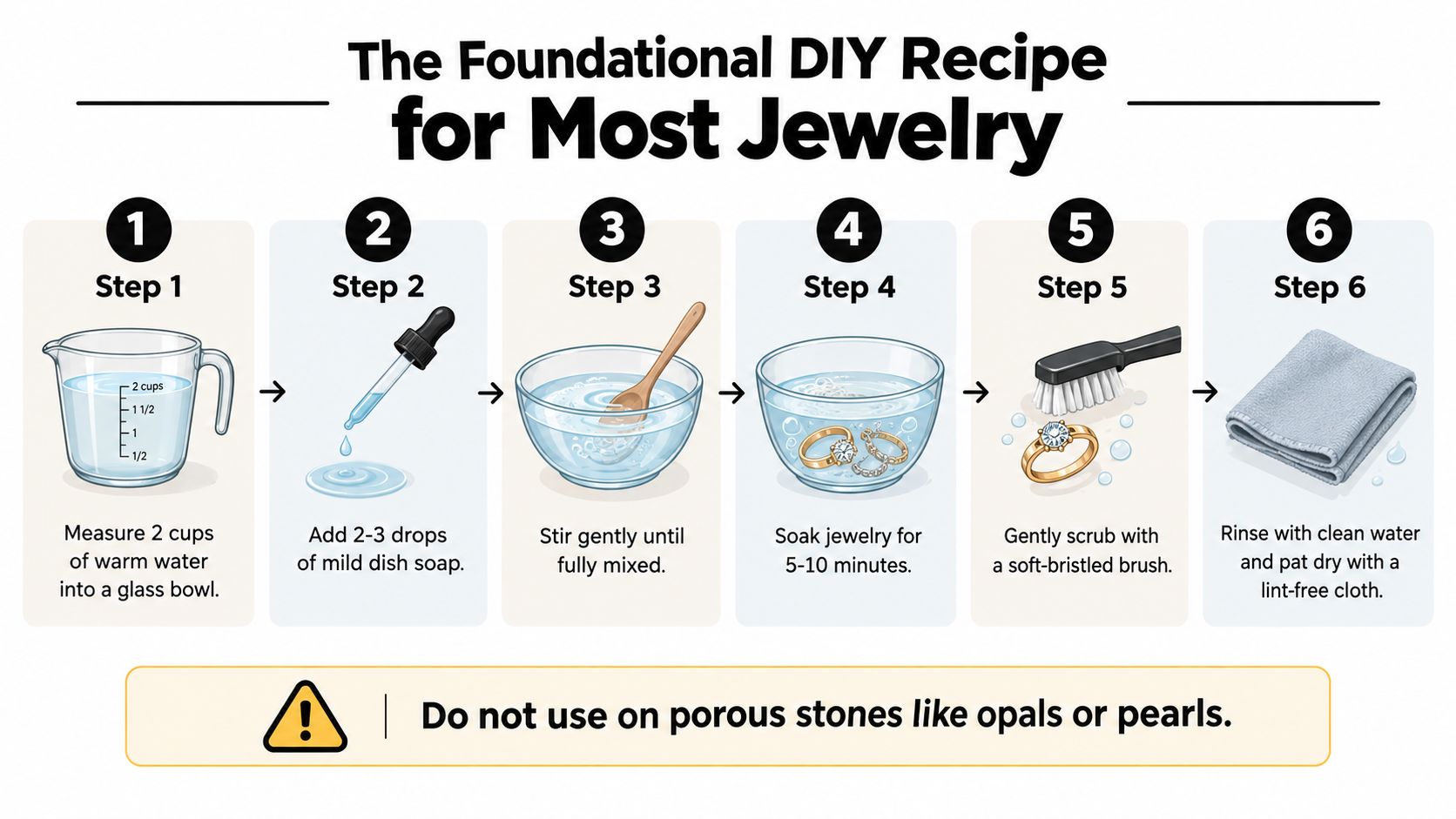 A six-step infographic guide showing how to create and use a simple DIY jewelry cleaning solution at home.