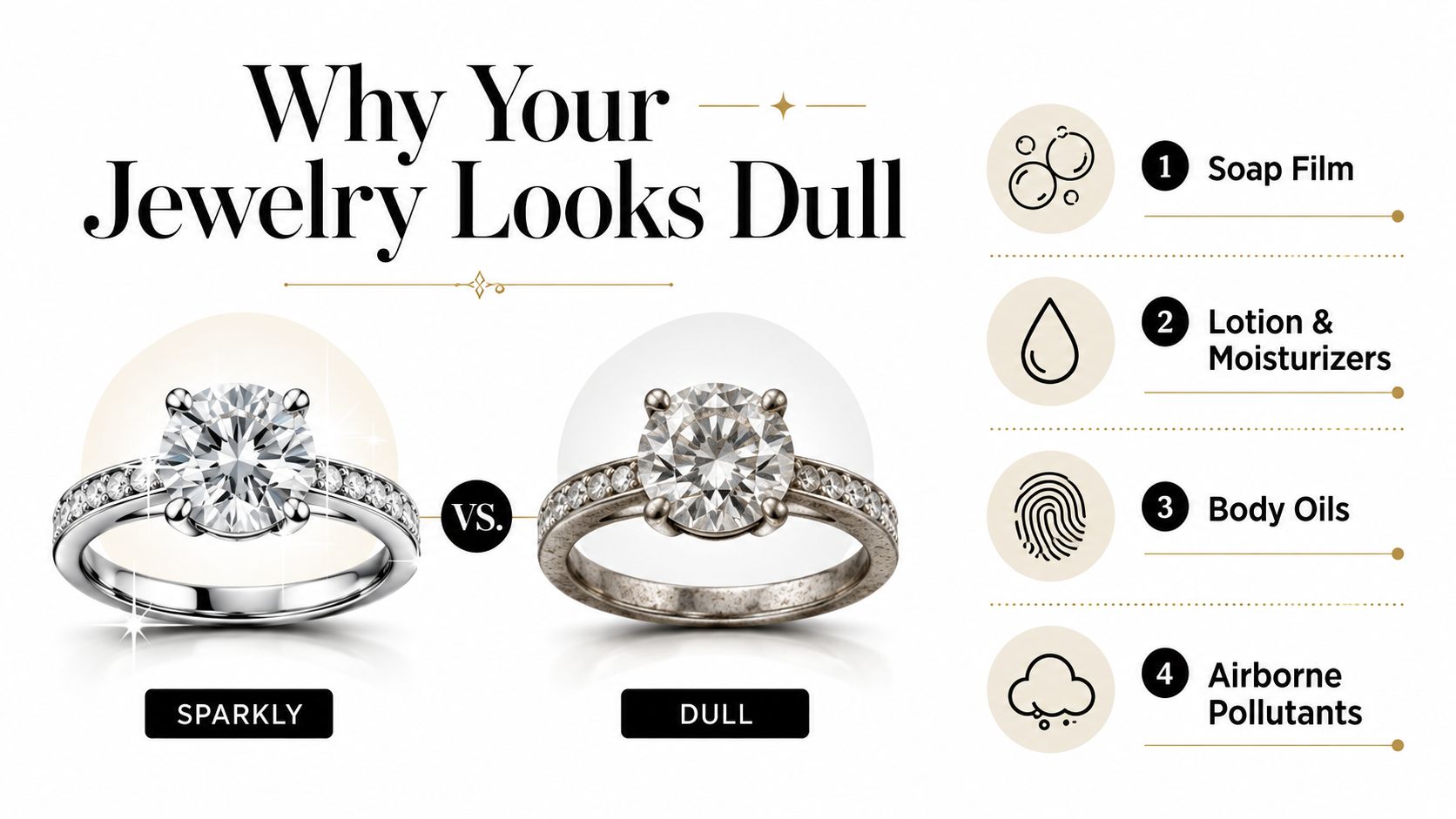 A diagram comparing a sparkly diamond ring to a dull one, listing four common reasons for jewelry tarnishing.