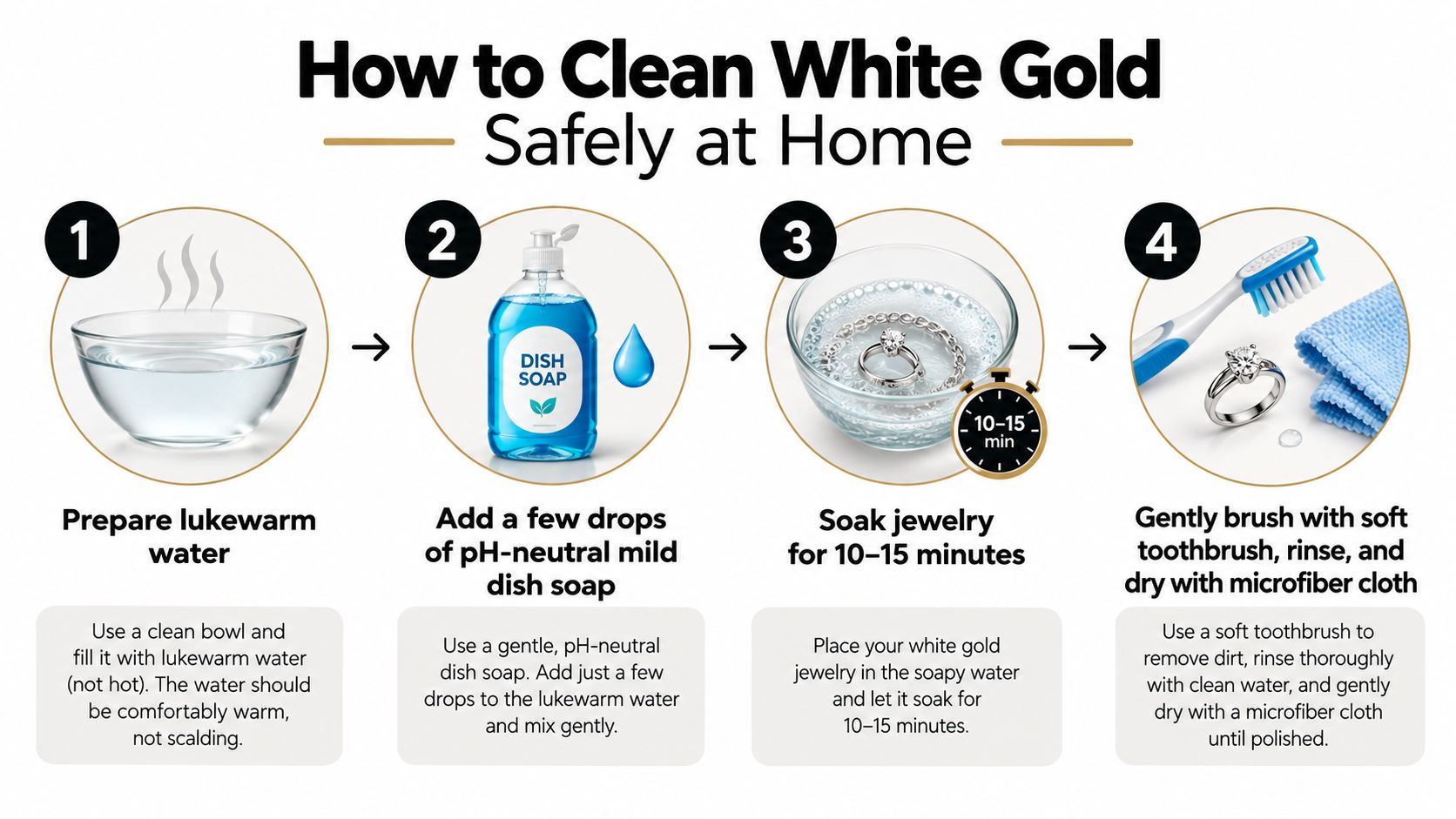 A four-step infographic illustrating how to safely clean white gold jewelry at home using mild soap.