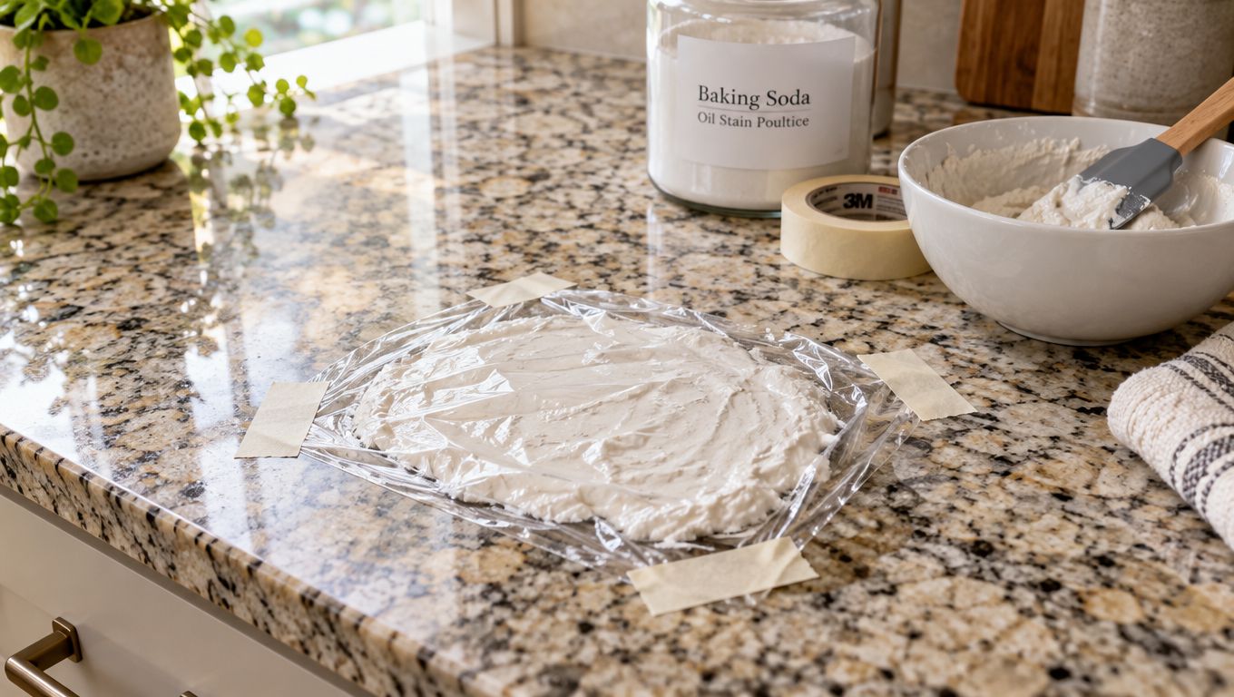 A baking soda poultice treatment applied to a granite countertop to remove an oil stain.