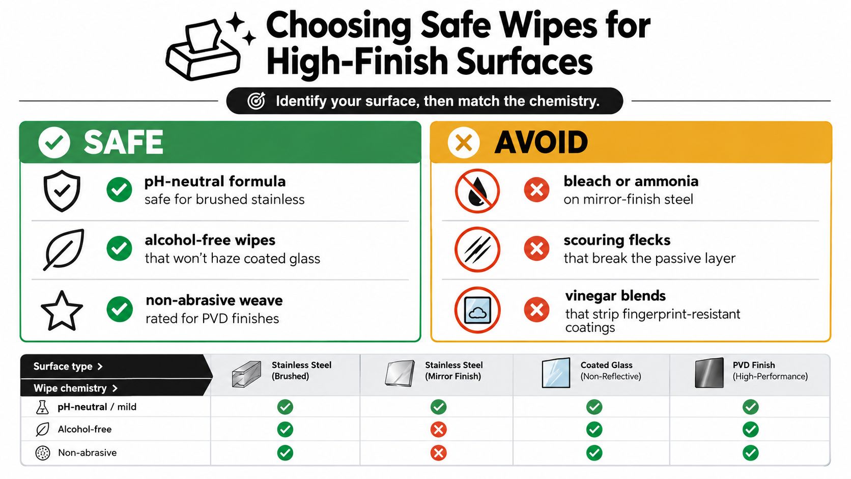 An infographic titled Choosing Safe Wipes for High-Finish Surfaces illustrating safe and harmful cleaning agents for various finishes.
