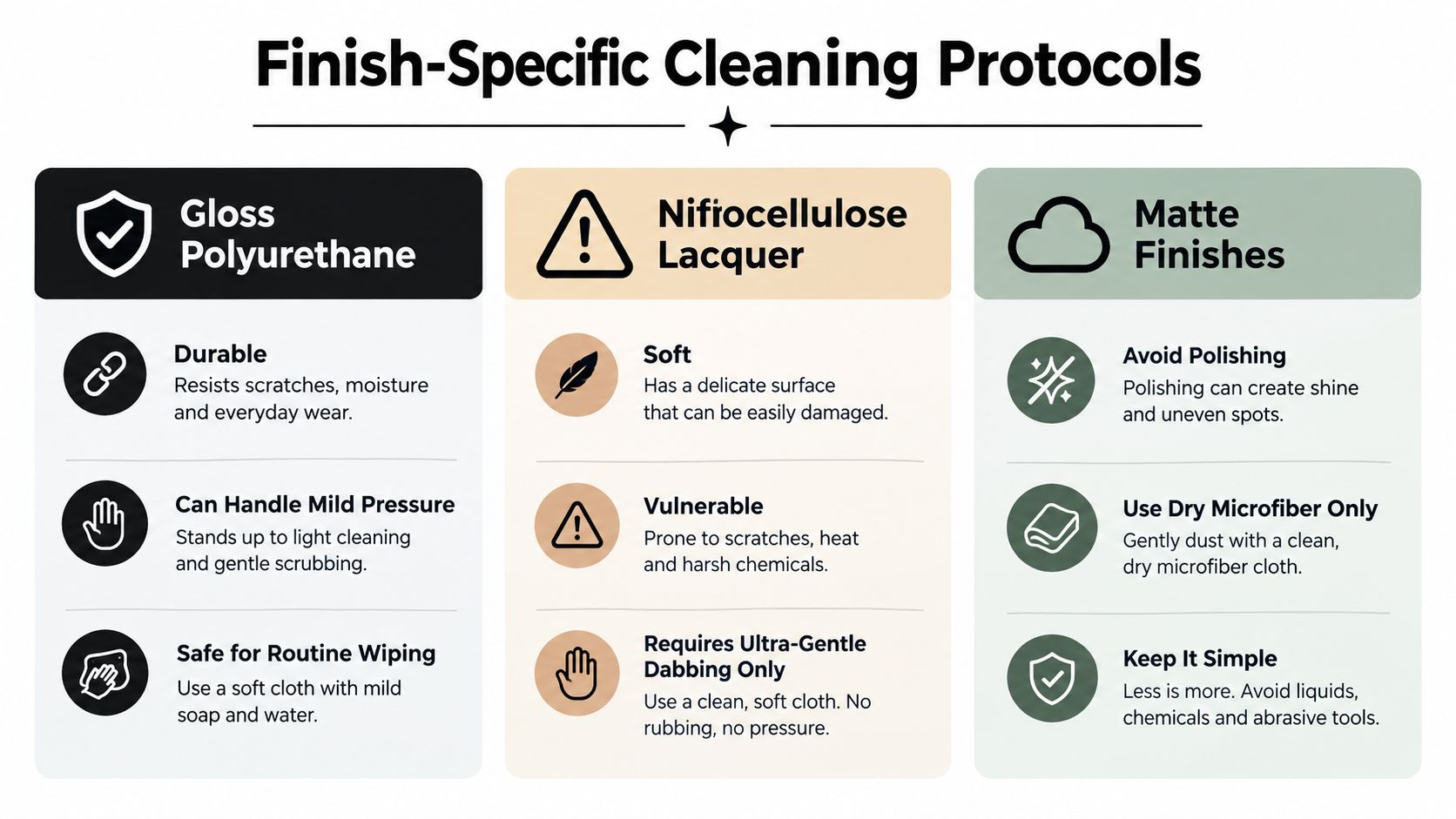 A chart detailing cleaning protocols for guitar finishes including Gloss Polyurethane, Nitrocellulose Lacquer, and Matte finishes.