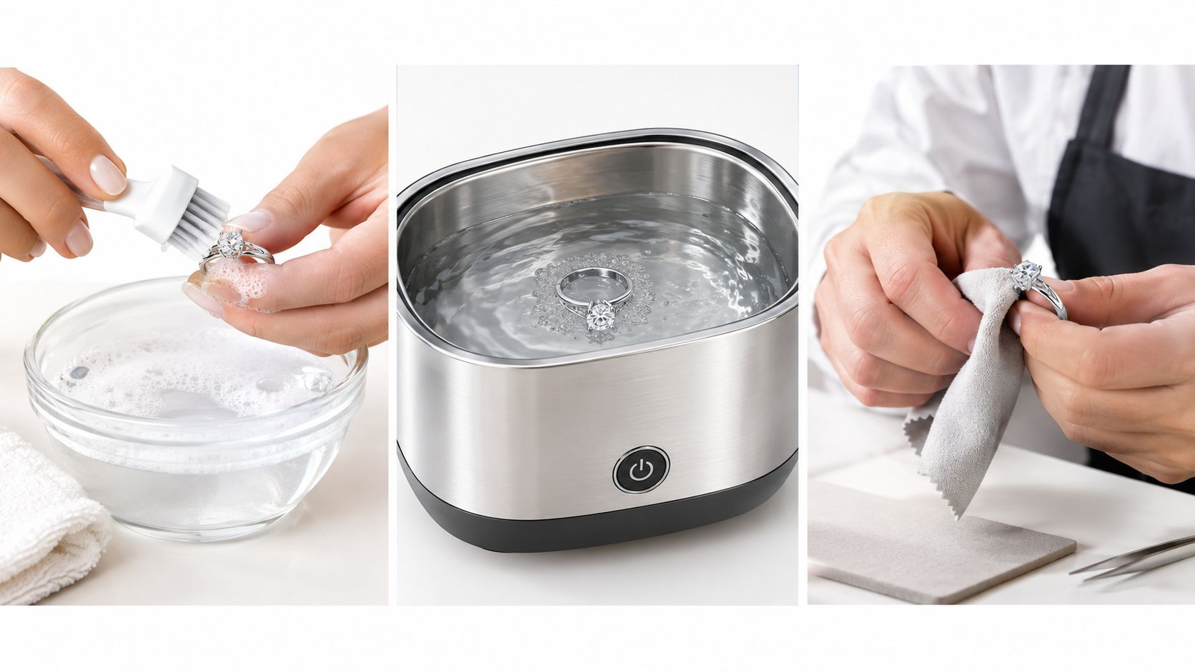 A three-part process for cleaning a white gold diamond ring using soapy water, an ultrasonic cleaner, and polishing.