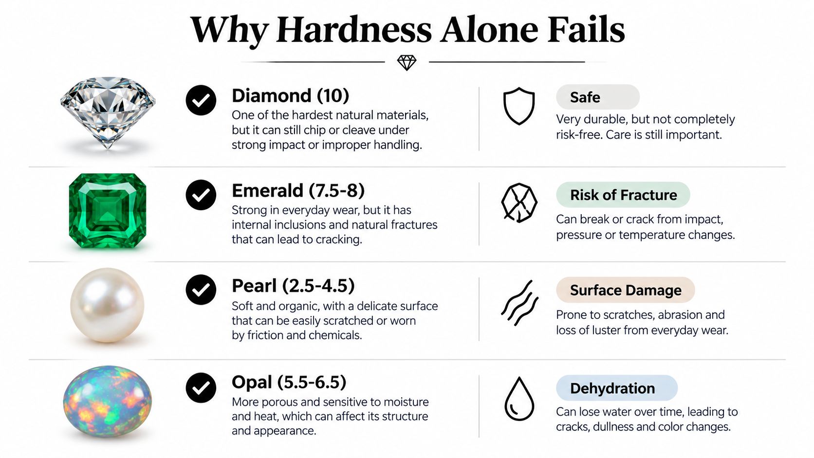 A chart illustrating why Mohs hardness scale alone cannot determine the durability of common gemstones like diamonds and pearls.