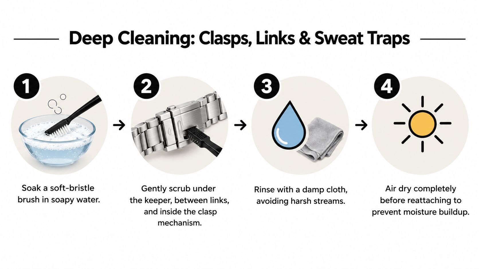 A four-step infographic illustrating how to perform a deep clean on a metal watch band.