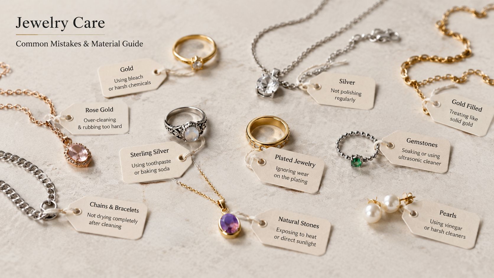 An overhead view of various jewelry pieces with labels listing common mistakes to avoid for proper care.