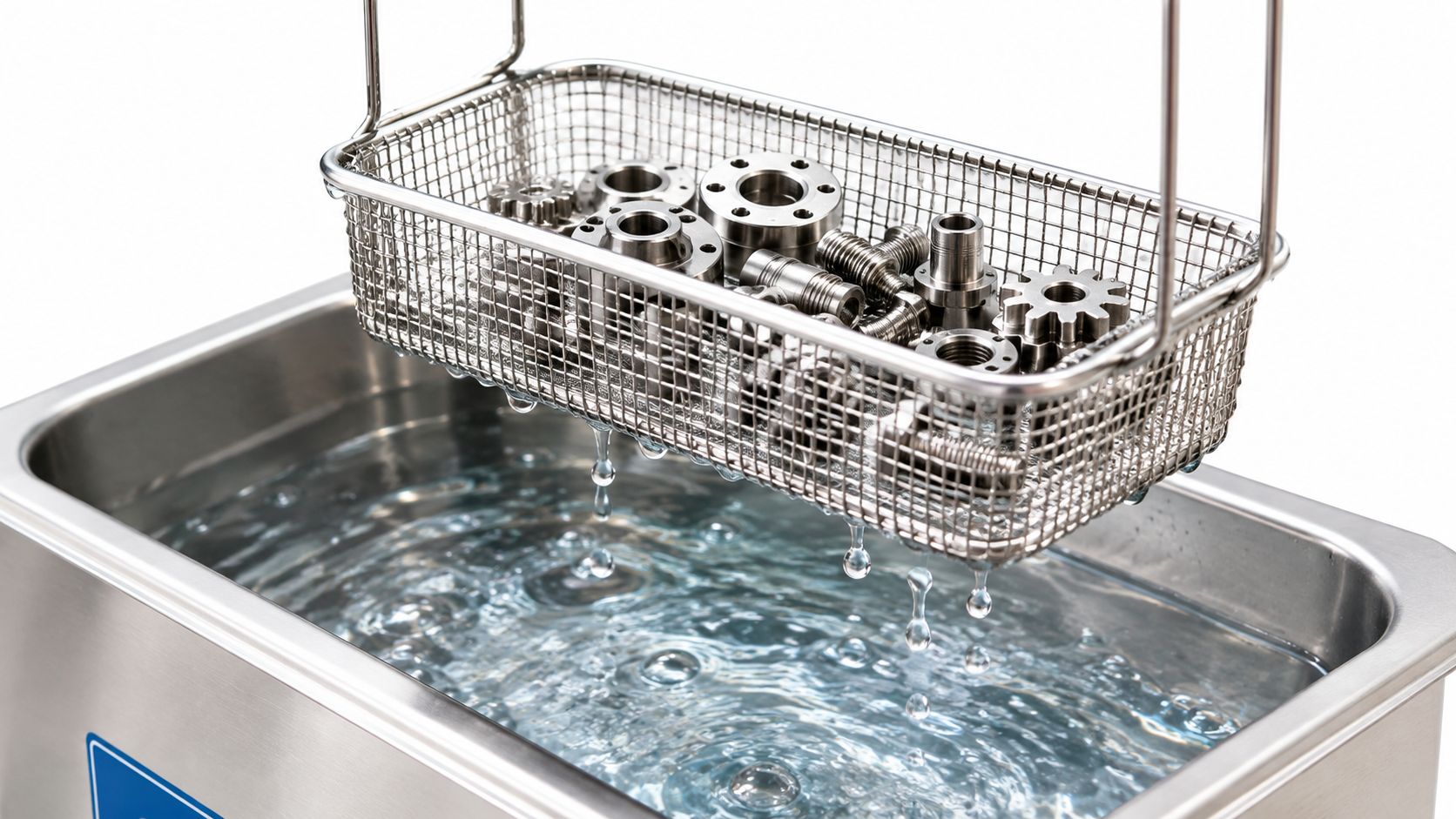 A stainless steel basket filled with metal machine parts being lifted out of an ultrasonic cleaner tank.