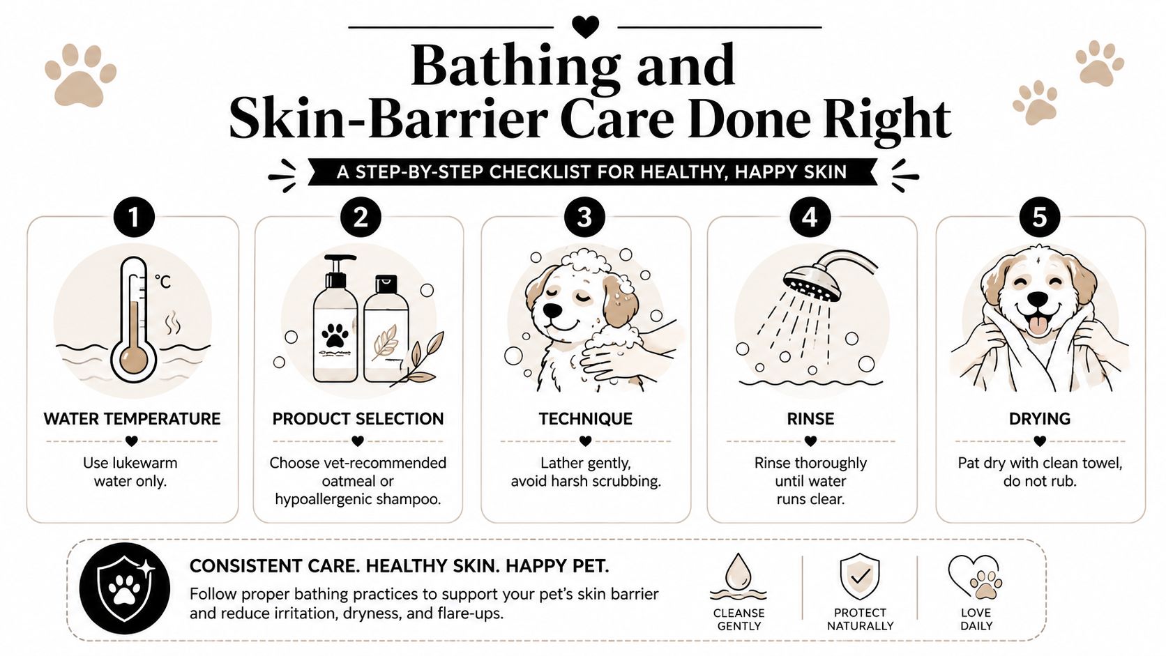 A five-step instructional infographic guide for bathing dogs, focusing on maintaining healthy skin and skin-barrier protection.