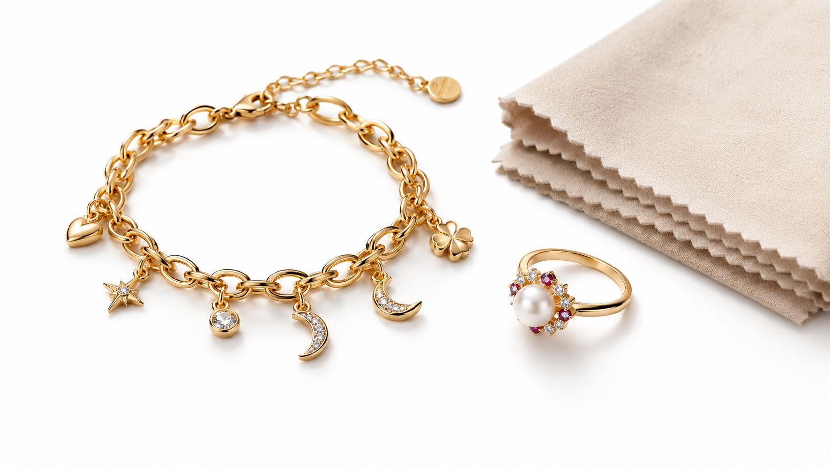 A golden charm bracelet and a pearl ring next to a soft fabric cleaning cloth.