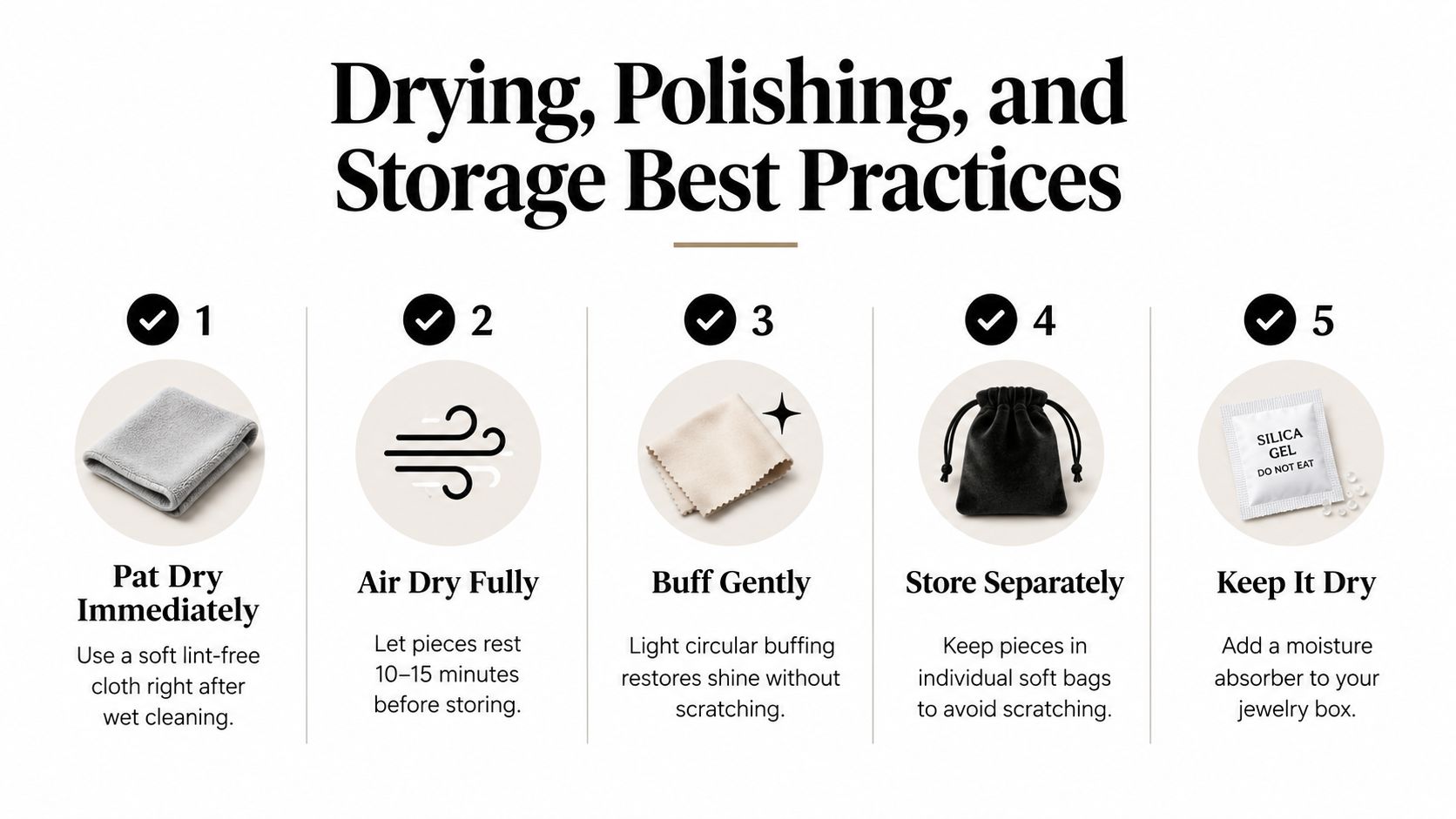 An infographic detailing five best practices for drying, polishing, and storing costume jewelry for maintenance.