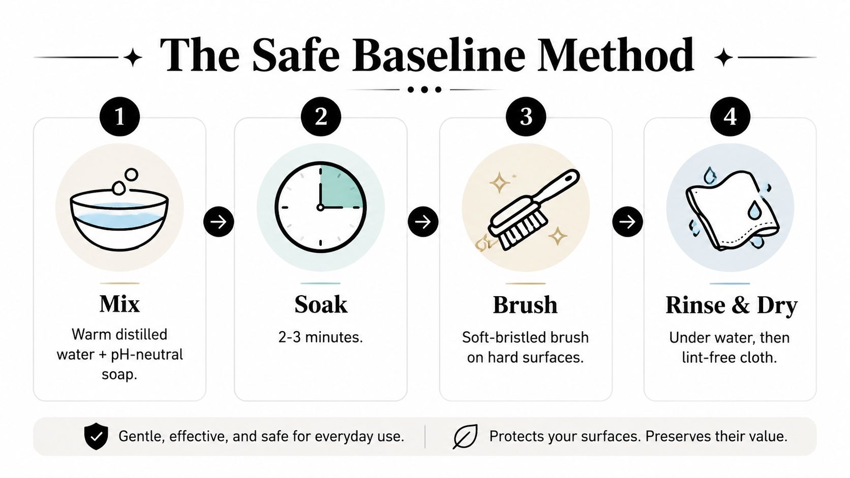 An infographic showing a four-step safe baseline method for cleaning jewelry using gentle, natural soap and water.